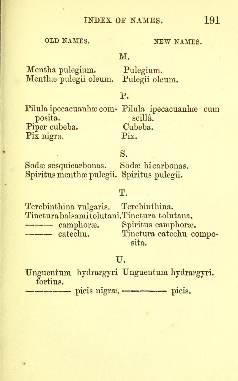 OLD NAMES. NEW NAMES. M. Mentha pulegium. Pulegium. Menthse pulegii oleum. Pulegii oleum. Pilula ipecacuanha? corn- Pilula ipecacuanha? cum posita. scilla. Piper cubeba. Cubeba. Pix nigra. Pix. S. Soda? sesquicarbonas. Sodai bicarbonas. Spiritus mentlise pulegii. Spiritus pulegii. T. Terebinthina vulgaris. Terebinthina. Tinetura balsami tolutani.Tinctura tolutana, camphors. Spiritus camphorse. catechu. Tinetura catechu compo- sita. U. Unguentum hydrargyri Unguentum hydrargyri. fortius. picis nigra?. picis.