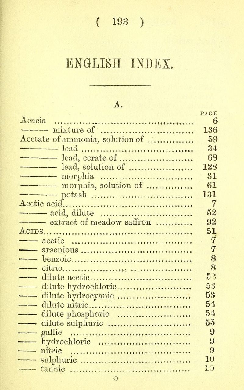ENGLISH INDEX. A. PAGE Acacia 6 mixture of ,, 136 Acetate of ammonia, solution of 59 lead 34 lead, cerate of 68 lead, solution of 128 morphia 31 • morphia, solution of 61 potash 131 Acetic acid 7 acid, dilute 52 > extract of meadow saffron 92 Acids 51 acetic 7 arsenious ...... 7 benzoic 8 ■ citric ,,t ,.t 8 —■— dilute acetic 5^ dilute hydrochloric 53 dilute hydrocyanic 53 dilute nitric 54 dilute phosphoric 54 ■ dilute sulphuric 55 gallic 9 hydrochloric , 9 nitric 9 stilphuric 10 tannic 10 O
