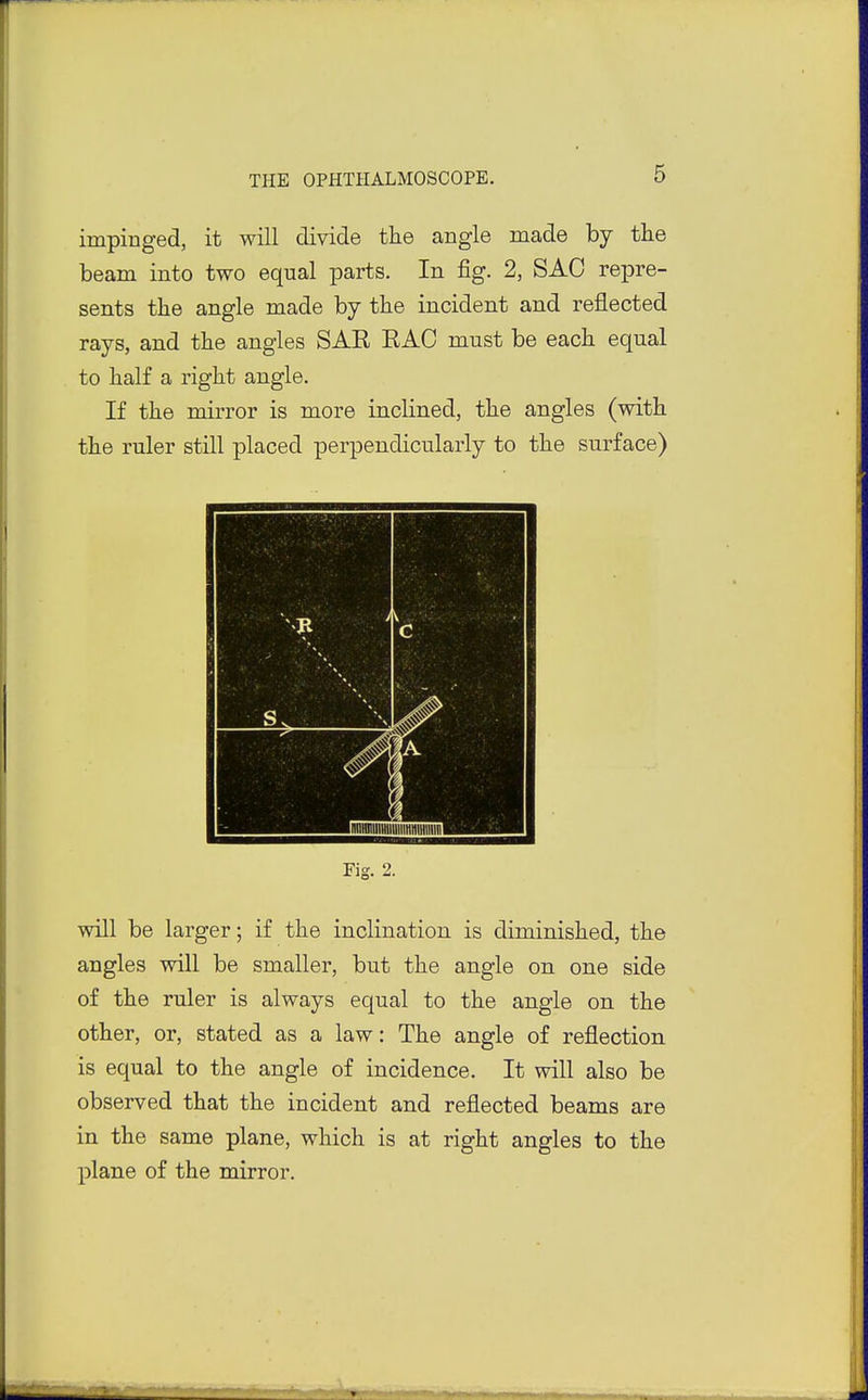 impinged, it will divide the angle made by the beam into two equal parts. In fig. 2, SAO repre- sents the angle made by the incident and reflected rays, and the angles SAR RAO must be each equal to half a right angle. If the mirror is more inclined, the angles (with the ruler still placed perpendicularly to the surface) Fig. 2. will be larger; if the inclination is diminished, the angles will be smaller, but the angle on one side of the ruler is always equal to the angle on the other, or, stated as a law: The angle of reflection is equal to the angle of incidence. It will also be observed that the incident and reflected beams are in the same plane, which is at right angles to the plane of the mirror.