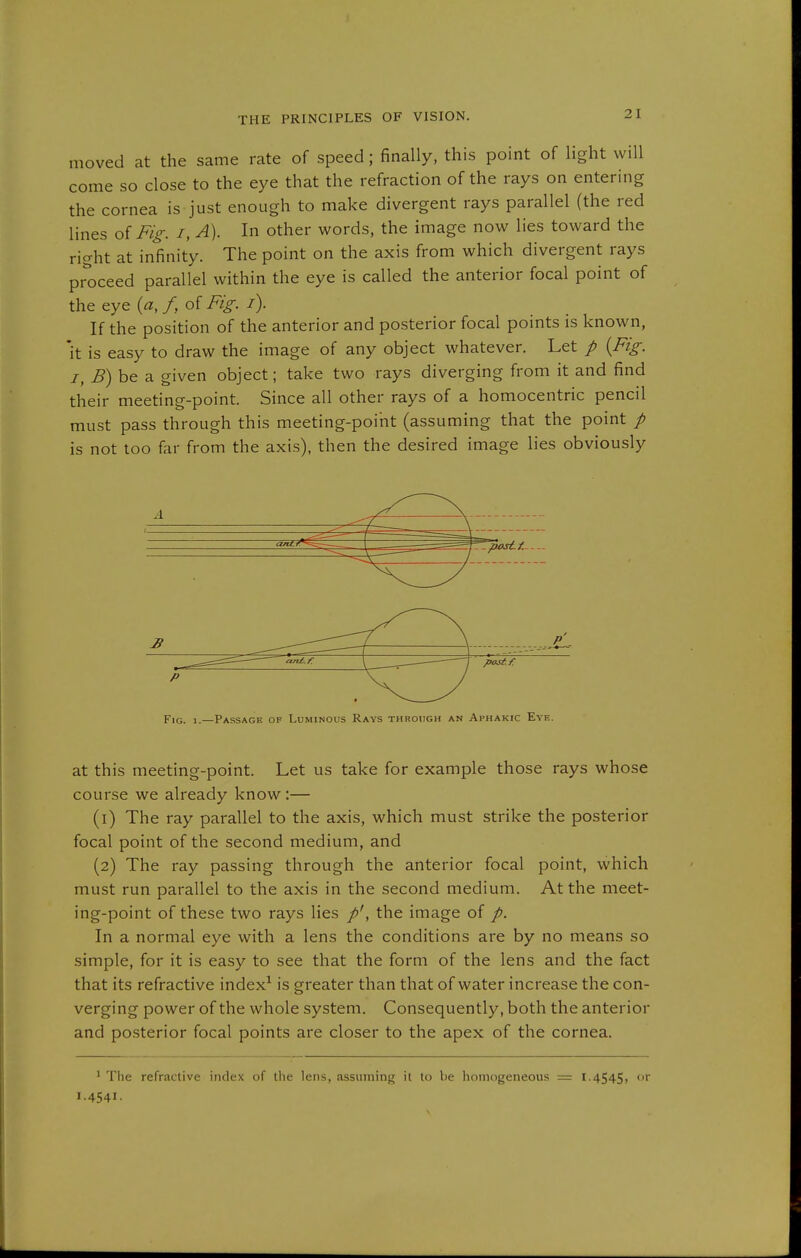 moved at the same rate of speed; finally, this point of light will come so close to the eye that the refraction of the rays on entering the cornea is just enough to make divergent rays parallel (the red lines of Fig. i, A). In other words, the image now lies toward the ricrht at infinity. The point on the axis from which divergent rays proceed parallel within the eye is called the anterior focal point of the eye {a, f, of Fig. i). If the position of the anterior and posterior focal points is known, 'it is easy to draw the image of any object whatever. Let / {Fig. I, B) be a given object; take two rays diverging from it and find their meeting-point. Since all other rays of a homocentric pencil must pass through this meeting-point (assuming that the point p is not loo far from the axis), then the desired image lies obviously Fig. 1.—Passage of Luminous Rays through an Aphakic Eye. at this meeting-point. Let us take for example those rays whose course we already know :— (1) The ray parallel to the axis, which must strike the posterior focal point of the second medium, and (2) The ray passing through the anterior focal point, which must run parallel to the axis in the second medium. At the meet- ing-point of these two rays lies p', the image of /. In a normal eye with a lens the conditions are by no means so simple, for it is easy to see that the form of the lens and the fact that its refractive index^ is greater than that of water increase the con- verging power of the whole system. Consequently, both the anterior and posterior focal points are closer to the apex of the cornea. ' The refractive index of the lens, assuming it to be homogeneous = 1.4545» <>i 1.4541.