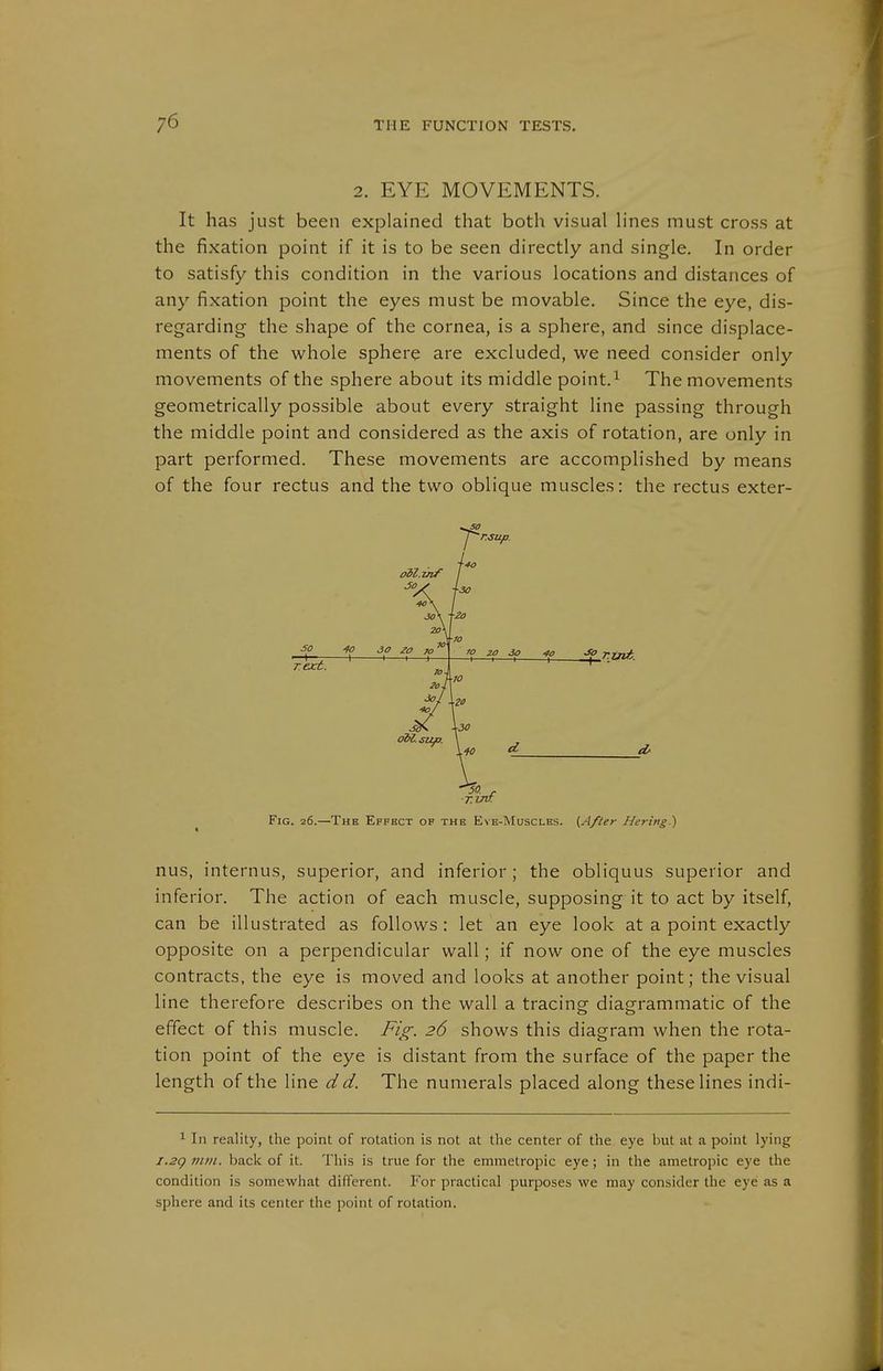 2. EYE MOVEMENTS. It has just been explained that both visual h'nes must cross at the fixation point if it is to be seen directly and single. In order to satisfy this condition in the various locations and distances of any fixation point the eyes must be movable. Since the eye, dis- regarding the shape of the cornea, is a sphere, and since displace- ments of the whole sphere are excluded, we need consider only movements of the sphere about its middle point.^ The movements geometrically possible about every straight line passing through the middle point and considered as the axis of rotation, are only in part performed. These movements are accomplished by means of the four rectus and the two oblique muscles: the rectus exter- Fig. 26.—The Effect of the Eye-Muscles. (A/Ur Hering.) nus, internus, superior, and inferior; the obliquus superior and inferior. The action of each muscle, supposing it to act by itself, can be illustrated as follows: let an eye look at a point exactly opposite on a perpendicular wall; if now one of the eye muscles contracts, the eye is moved and looks at another point; the visual line therefore describes on the wall a tracing diagrammatic of the effect of this muscle. Fig. 26 shows this diagram when the rota- tion point of the eye is distant from the surface of the paper the length of the line d d. The numerals placed along these lines indi- ^ In reality, the point of rotation is not at the center of the eye but at a point lying 1.2g vim. back of it. This is true for the emmetropic eye; in the ametropic eye the condition is somewhat different. For practical purposes we may consider the eye as a sphere and its center the point of rotation.