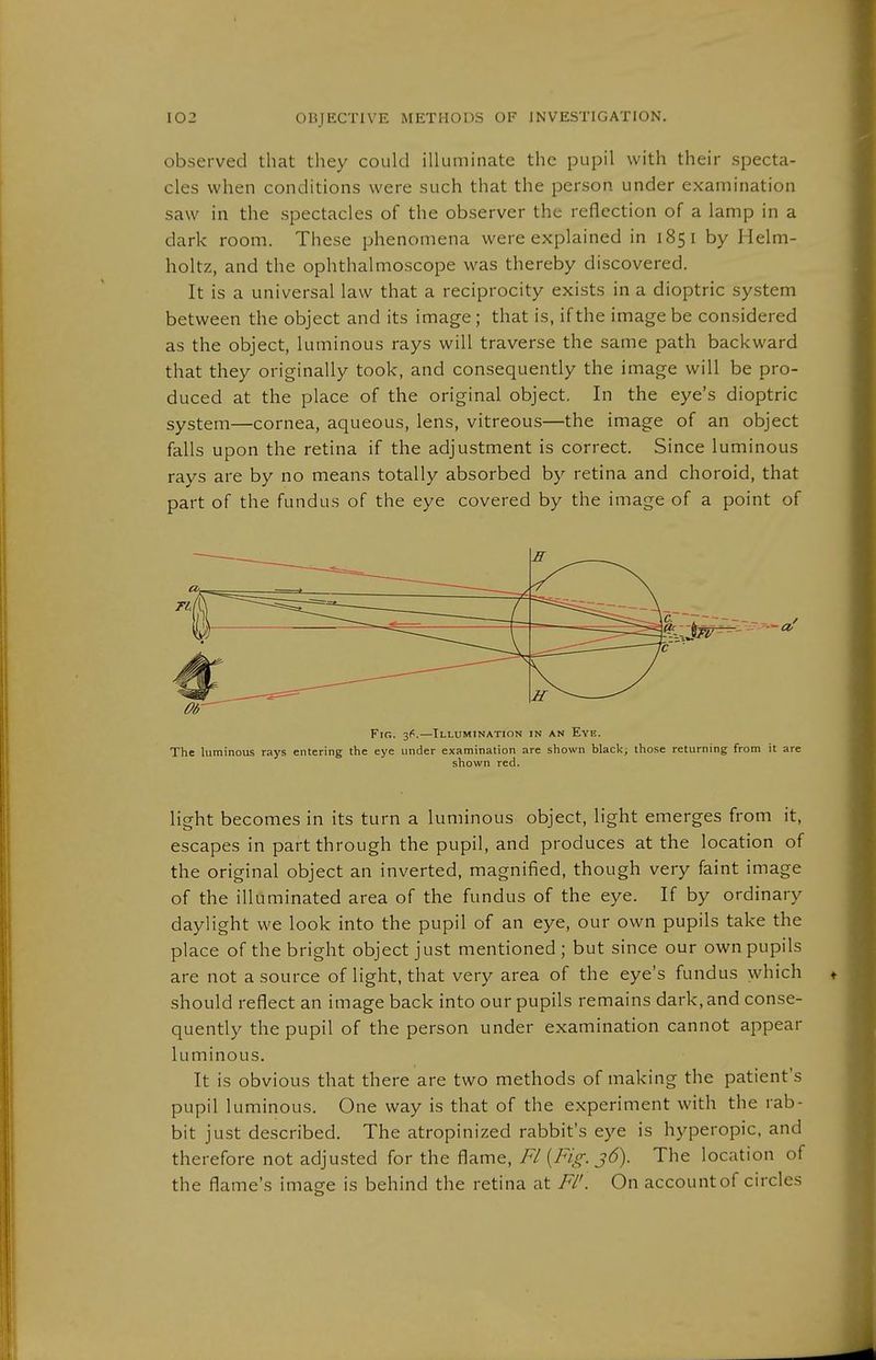 observed that they could illuminate the pupil with their specta- cles when conditions were such that the person under examination saw in the spectacles of the observer the reflection of a lamp in a dark room. These phenomena were explained in 1851 by Helm- holtz, and the ophthalmoscope was thereby discovered. It is a universal law that a reciprocity exists in a dioptric system between the object and its image; that is, if the image be considered as the object, luminous rays will traverse the same path backward that they originally took, and consequently the image will be pro- duced at the place of the original object. In the eye's dioptric system—cornea, aqueous, lens, vitreous—the image of an object falls upon the retina if the adjustment is correct. Since luminous rays are by no means totally absorbed by retina and choroid, that part of the fundus of the eye covered by the image of a point of Fifi. 3^^.—Illumination in an Eye. The luminous rays entering the eye under examination are shown black; those returning from it are shown red. light becomes in its turn a luminous object, light emerges from it, escapes in part through the pupil, and produces at the location of the original object an inverted, magnified, though very faint image of the illuminated area of the fundus of the eye. If by ordinary daylight we look into the pupil of an eye, our own pupils take the place of the bright object just mentioned; but since our own pupils are not a source of light, that very area of the eye's fundus which should reflect an image back into our pupils remains dark, and conse- quently the pupil of the person under examination cannot appear luminous. It is obvious that there are two methods of making the patient's pupil luminous. One way is that of the experiment with the rab- bit just described. The atropinized rabbit's eye is hyperopic, and therefore not adjusted for the flame, FL {Fig. 36). The location of the flame's image is behind the retina at FL'. On account of circles