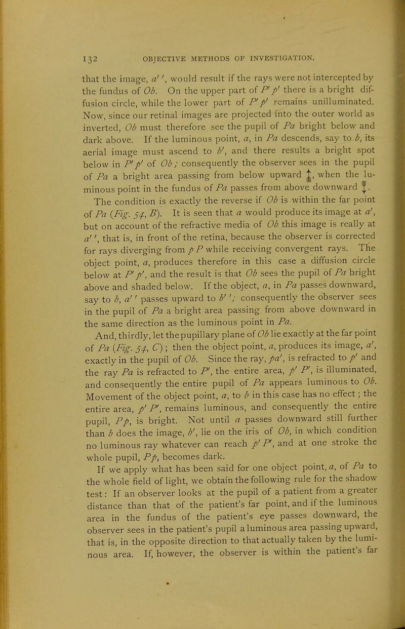 that the image, a'would result if the rays were not intercepted by the fundus of Ob. On the upper part of Fp' there is a bright dif- fusion circle, while the lower part of P'p' remains unilluminated. Now, since our retinal images are projected into the outer world as inverted, Ob must therefore see the pupil of Pa bright below and dark above. If the luminous point, a, in Pa descends, say to b, its aerial image must ascend to b', and there results a bright spot below in P'p' of Ob ; consequently the observer sees in the pupil of Pa a bright area passing from below upward |, when the lu- minous point in the fundus of Pa passes from above downward |. The condition is exactly the reverse if Ob is within the far point of Pa {Fig. 54-, B). It is seen that a would produce its image at a', but on account of the refractive media of Ob this image is really at a'that is, in front of the retina, because the observer is corrected for rays diverging from p P while receiving convergent rays. The object point, a, produces therefore in this case a diffusion circle below at P'p', and the result is that Ob sees the pupil of Pa bright above and shaded below. If the object, a, in Pa passes downward, say to b, a'' passes upward to b''; consequently the observer sees in the pupil of Pa a bright area passing from above downward in the same direction as the luminous point in Pa. And, thirdly, let the pupillary plane of Ob lie exactly at the far point of Pa {Fig. 34, C); then the object point, a, produces its image, a', exactly in the pupil of Ob. Since the ray, pa', is refracted to / and the ray Pa is refracted to P', the entire area, /' P', is illuminated, and consequently the entire pupil of Pa appears luminous to Ob. Movement of the object point, a, to b in this case has no effect; the entire area, / P', remains luminous, and consequently the entire pupil, Pp, is bright. Not until a passes downward still further than b does the image, b', lie on the iris of Ob, in which condition no luminous ray whatever can reach p' F, and at one stroke the whole pupil, Pp, becomes dark. If we apply what has been said for one object point,of Pa to the whole field of light, we obtain the following rule for the shadow test: If an observer looks at the pupil of a patient from a greater distance than that of the patient's far point, and if the luminous area in the fundus of the patient's eye passes downward, the observer sees in the patient's pupil aluminous area passing upward, that is, in the opposite direction to that actually taken by the lumi- nous area. If, however, the observer is within the patient's far