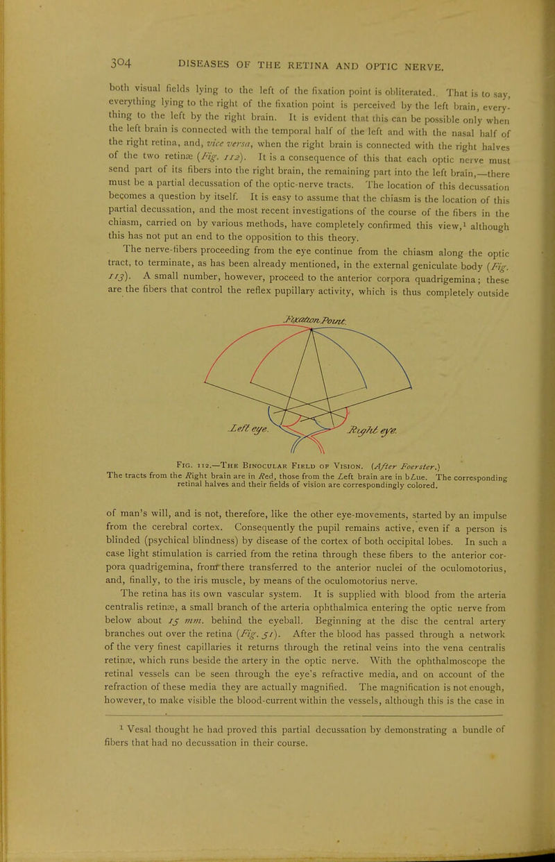 both visual fields lying to the left of the fixation point is obliterated.. That is to say, everything lying to the riglit of the fixation point is perceived by the left brain, every- thing to tlie left by the right brain. It is evident that this can be possible only when the left brain is connected with the temporal half of the left and with the nasal half of the right retina, and, vice versa, when the right brain is connected with the right halves of the two retinae {Fig. 112). It is a consequence of this that each optic nerve must send part of its fibers into the right brain, the remaining part into the left brain,—there must be a partial decussation of the optic-nerve tracts. The location of this decussation becomes a question by itself It is easy to assume that the chiasm is the location of this partial decussation, and the most recent investigations of the course of the fibers in the chiasm, carried on by various methods, have completely confirmed this view,i although this has not put an end to the opposition to this theory. The nerve-fibers proceeding from the eye continue from the chiasm along the optic tract, to terminate, as has been already mentioned, in the external geniculate body {Fig. 113). A small number, however, proceed to the anterior corpora quadrigemina; these are the fibers that control the reflex pupillary activity, which is thus completely outside Fig. 112.—The Binocular Field of Vision. (After Foerster.) The tracts from the Äight brain are in j?ed, those from the Zeft brain are in biue. The corresponding retinal halves and their fields of vision are correspondingly colored. of man's will, and is not, therefore, like the other eye-movements, started by an impulse from the cerebral cortex. Consequently the pupil remains active, even if a person is blinded (psychical blindness) by disease of the cortex of both occipital lobes. In such a case light stimulation is carried from the retina through these fibers to the anterior cor- pora quadrigemina, front there transferred to the anterior nuclei of the oculomotorius, and, finally, to the iris muscle, by means of the oculomotorius nerve. The retina has its own vascular system. It is supplied with blood from the arteria centralis retinas, a small branch of the arteria ophthalmica entering the optic nerve from below about /j mm. behind the eyeball. Beginning at the disc the central artery branches out over the retina {Fig. j/). After the blood has passed through a network of the very finest capillaries it returns through the retinal veins into the vena centralis retinae, which runs beside the artery in the optic nerve. With the ophthalmoscope the retinal vessels can be seen through the eye's refractive media, and on account of the refraction of these media they are actually magnified. The magnification is not enough, however, to make visible the blood-current within the vessels, although this is the case in ^ Vesal thought he had proved this partial decussation by demonstrating a bundle of fibers that had no decussation in their course.