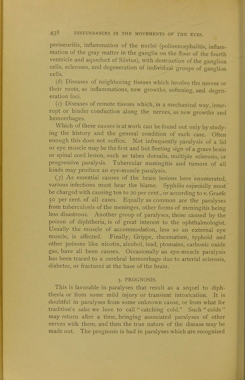 perineuritis, inflammation of the nuclei (polioencephalitis, inflam- mation of the gray matter in the ganglia on the floor of the fourth ventricle and aqueduct of Silvius), with destruction of the ganglion cells, scleroses, and degeneration of individual groups of ganglion cells. ib) Diseases of neighboring tissues which involve the nerves or their roots, as inflammations, new growths, softening, and degen- eration foci. {c) Diseases of remote tissues which, in a mechanical way, inter- rupt or hinder conduction along the nerves, as new growths and hemorrhages. Which of these causes is at work can be found out only by study- ing the history and the general condition of each case. Often enough this does not suffice. Not infrequently paralysis of a lid or eye muscle may be the first and but fleeting sign of a grave brain or spinal cord lesion, such as tabes dorsalis, multiple sclerosis, or progressive paralysis. Tubercular meningitis and tumors of all kinds may produce an eye-muscle paralysis. (j) As essential causes of the brain lesions here enumerated, various infections must bear the blame. Syphilis especially must be charged with causing ten to 20 per cent., or according to v. Graefe 50 per cent, of all cases. Equally as common are the paralyses from tuberculosis of the meninges, other forms of meningitis being less disastrous. Another group of paralyses, those caused by the poison of diphtheria, is of great interest to the ophthalmologist. Usually the muscle of accommodation, less so an external eye muscle, is affected. Finally, Grippe, rheumatism, typhoid and other poisons like nicotin, alcohol, lead, ptomains, carbonic oxide gas, have all been causes. Occasionally an eye-muscle paralysis has been traced to a cerebral hemorrhage due to arterial sclerosis, diabetes, or fractures at the base of the brain. 3. PROGNOSIS. This is favorable in paralyses that result as a sequel to diph- theria or from some mild injury or transient intoxication. It is doubtful in paralyses from some unknown cause, or from what for tradition's sake we love to call  catching cold. Such colds may return after a time, bringing associated paralyses of other nerves with them, and then the true nature of the disease may be made out. The prognosis is bad in paralyses which are recognized
