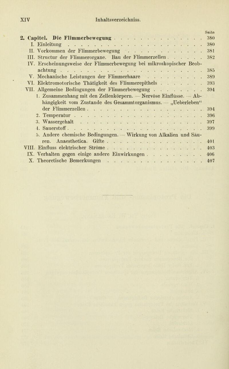 Seite 2. Capitel. Die Flimmerbewegung.380 I. Einleitung.380 II. Vorkommen der Flimmerbewegung.381 III. Structur der Flimmerorgane. Bau der Flimmerzellen.382 IV. Erscheinungsweise der Flimmerbewegung bei mikroskopischer Beob¬ achtung .385 V. Mechanische Leistungen der Flimmerhaare.389 VI. Elektromotorische Thätigkeit des Flimmerepithels.393 VII. Allgemeine Bedingungen der Flimmerbewegung.394 1. Zusammenhang mit den Zellenkörpern. — Nervöse Einflüsse. — Ab¬ hängigkeit vom Zustande des Gesammtorganismus. — „Ueberleben“ der Flimmerzellen.394 2. Temperatur..'.396 3. Wassergehalt.397 4. Sauerstoff.399 5. Andere chemische Bedingungen. — Wirkung von Alkalien und Säu¬ ren. Anaesthetica. Gifte.401 VIII. Einfluss elektrischer Ströme.403 IX. Verhalten gegen einige andere Einwirkungen . . 406 X. Theoretische Bemerkungen. 407