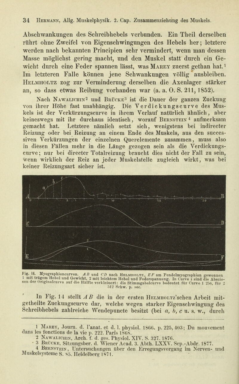 Abschwankungen des Schreibhebels verbunden. Ein Theil derselben rührt ohne Zweifel von Eigenschwingungen des Hebels her; letztere werden nach bekannten Principien sehr vermindert, wenn man dessen Masse möglichst gering macht, und den Muskel statt durch ein Ge¬ wicht durch eine Feder spannen lässt, was Marey zuerst gethan hat.1 Im letzteren Falle können jene Schwankungen völlig ausbleiben. Helmholtz zog zur Verminderung derselben die Axenlager stärker an, so dass etwas Reibung vorhanden war (a. a. 0. S. 211,1852). Nach Nawalichin2 und Brücke3 ist die Dauer der ganzen Zuckung von ihrer Höhe fast unabhängig. Die Verdickungscurve des Mus¬ kels ist der Verkürzungscurve in ihrem Verlauf natürlich ähnlich, aber keineswegs mit ihr durchaus identisch, worauf Bernstein4 aufmerksam gemacht hat. Letztere nämlich setzt sich, wenigstens bei indirecter Reizung oder bei Reizung an einem Ende des Muskels, aus den succes- siven Verkürzungen der einzelnen Querelemente zusammen, muss also in diesen Fällen mehr in die Länge gezogen sein als die Verdickungs¬ curve; nur bei directer Totalreizung braucht dies nicht der Fall zu sein, wenn wirklich der Reiz an jeder Muskelstelle zugleich wirkt, was bei keiner Reizungsart sicher ist. Iig. 14. Myographioncurven. AB und CB nach Helmholtz, EF am Pendelmyographion gewonnen 1 mit trägem Hebel und Gewicht, 2 mit leichtem Hebel und Federspannung. In Curve l sind die Abseis- sen der Origmalcurvo auf die Hälfte verkleinert; die Stimmgabelcurve bedeutet für Curve 1 250, für 2 512 Schw. p. sec. In Fig. 14 stellt A B die in der ersten HELMHOLTz’schen Arbeit mit- getheilte Zuckungscurve dar, welche wegen starker Eigenschwingung des Schreibhebels zahlreiche Wendepuncte besitzt (bei a, b, c u. s. w., durch 1 Marey, Journ. d. l’anat. et d. 1. physiol. 1866. p. 225, 403; Du mouvement dans les fonctions de la vie p. 222. Paris 1868. 2 Nawalichin, Arch. f. d. ges. Physiol. XIY. S. 327. 1876. * 3 Brücke, Sitzungsber. d. Wiener Acad. 3. Abth. LXXY. Sep.-Abdr. 1877. 4 Bernstein, Untersuchungen über den Erregungsvorgang im Nerven- und Muskelsysteme S. 85. Heidelberg 1871.