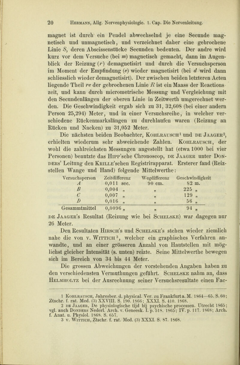 magnet ist durch ein Pendel abwechselnd je eine Secunde mag¬ netisch und unmagnetisch, und verzeichnet daher eine gebrochene Linie S, deren Abscissenstücke Secunden bedeuten. Der andre wird kurz vor dem Versuche (bei m) magnetisch gemacht, dann im Augen¬ blick der Reizung (r) demagnetisirt und durch die Versuchsperson im Moment der Empfindung (e) wieder magnetisirt (bei d wird dann schliesslich wieder demagnetisirt). Der zwischen beiden letzteren Acten liegende Theil re der gebrochenen Linie R ist ein Maass der Reactions zeit, und kann durch micrometrische Messung und Vergleichung mit den Secundenlängen der oberen Linie in Zeitwerth umgerechnet wer¬ den. Die Geschwindigkeit ergab sich zu 31, 32,608 (bei einer andern Person 25,294) Meter, und in einer Versuchsreihe, in welcher ver¬ schiedene Rückenmarkslängen zu durchlaufen waren (Reizung an Rücken und Nacken) zu 31,052 Meter. Die nächsten beiden Beobachter, Kohlrausch1 und de Jaager2, erhielten wiederum sehr abweichende Zahlen. Kohlrausch, der wohl die zahlreichsten Messungen angestellt hat (etwa 1000 bei vier Personen) benutzte das Hipp’sche Chronoscop, de Jaager unter Don- ders’ Leitung den KRiLLE’schen Registrirapparat. Ersterer fand (Reiz¬ stellen Wange und Hand) folgende Mittelwerthe: Versuchsperson Zeitdifferenz Wegdifferenz Geschwindigkeit A 0,011 sec. 90 cm. 82 m. B 0,004 „ n 225 „ C 0,007 „ n 129 „ D 0,016 „ n 56 „ Gesammtmittel 0,0096 „ r> 94 „ de Jaager’s Resultat (Reizung wie bei Schelske) war dagegen nur 26 Meter. Den Resultaten Hirsch’s und Schelske’s stehen wieder ziemlich nahe die von v. Wittich3, welcher ein graphisches Verfahren an¬ wandte, und an einer grösseren Anzahl von Hautstellen mit mög¬ lichst gleicher Intensität (s. unten) reizte. Seine Mittelwerthe bewegen sich im Bereich von 34 bis 44 Meter. Die grossen Abweichungen der vorstehenden Angaben haben zu den verschiedensten Vermuthungen geführt. Schelske nahm an, dass Helmholtz bei der Ausrechnung seiner Versuchsresultate einen Fac- 1 Kohlrausch, Jahresber. d. physical. Ver. zu Frankfurta. M. 1864—65. S. 60; Ztschr. f. rat. Med. (3) XXVIII. S. 190. 1866; XXXI. S. 410. 1868. 2 de Jaager, De physiologische tijd bij psychische processen. Utrecht 1865; vgl. auch Donders Nederl. Arch. v. Geneesk. I. p. 518. 1865; IV. p. 117. 1868; Arch. f. Anat. u. Physiol. 1868. S. 657. 3 v. Wittich, Ztschr. f. rat. Med. (3) XXXI. S. 87. 1868.