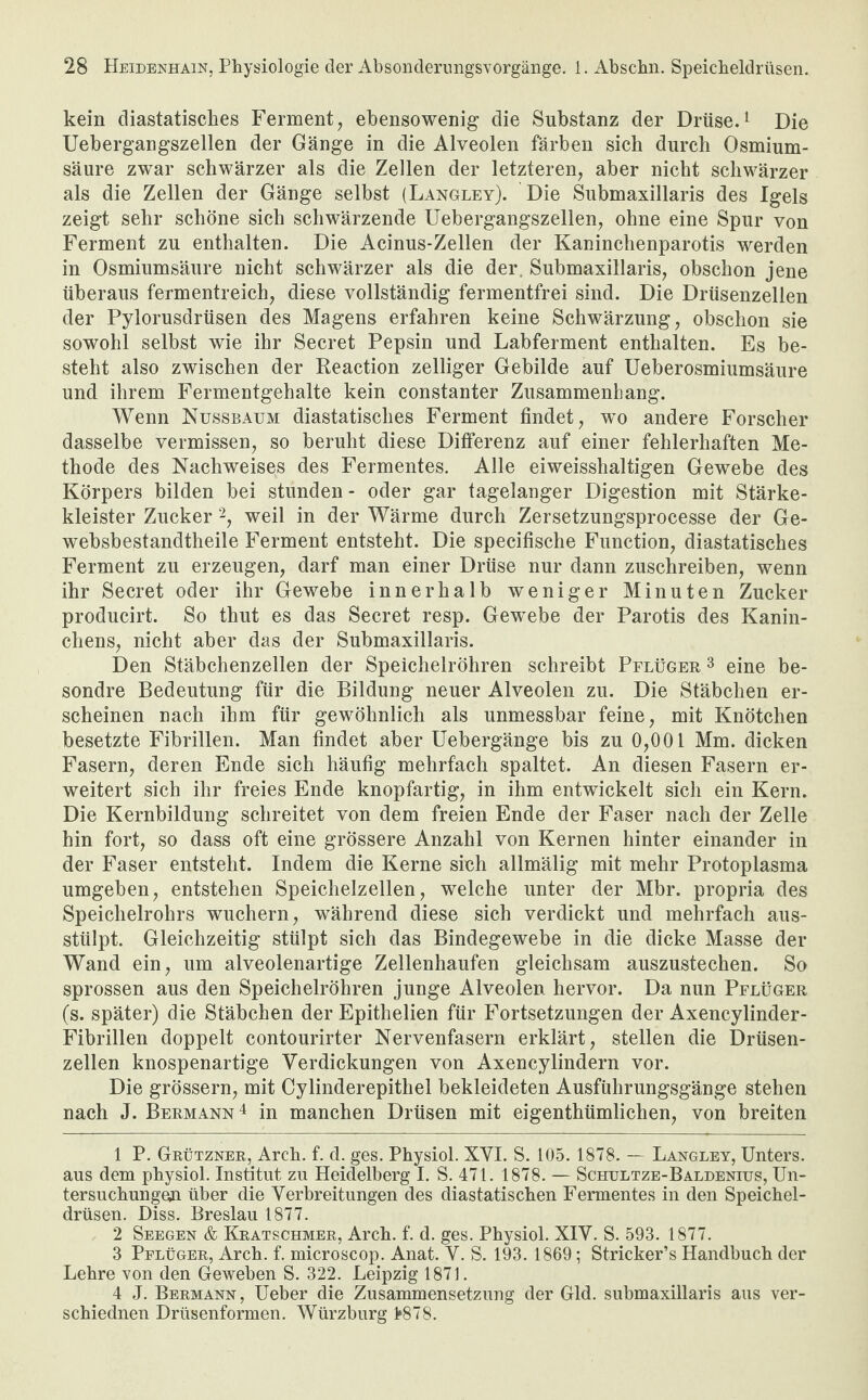 kein diastatiscbes Ferment, ebensowenig die Substanz der Drüse.1 Die Uebergangszellen der Gänge in die Alveolen färben sich durch Osmium¬ säure zwar schwärzer als die Zellen der letzteren, aber nicht schwärzer als die Zellen der Gänge selbst (Langley). Die Submaxillaris des Igels zeigt sehr schöne sich schwärzende Uebergangszellen, ohne eine Spur von Ferment zu enthalten. Die Acinus-Zellen der Kaninchenparotis werden in Osmiumsäure nicht schwärzer als die der. Submaxillaris, obschon jene überaus fermentreich, diese vollständig fermentfrei sind. Die Drüsenzellen der Pylorusdrüsen des Magens erfahren keine Schwärzung, obschon sie sowohl selbst wie ihr Secret Pepsin und Labferment enthalten. Es be¬ steht also zwischen der Reaction zelliger Gebilde auf Ueberosmiumsäure und ihrem Fermentgehalte kein constanter Zusammen!]ang. Wenn Nussbaum diastatisclies Ferment findet, wo andere Forscher dasselbe vermissen, so beruht diese Differenz auf einer fehlerhaften Me¬ thode des Nachweises des Fermentes. Alle eiweisshaltigen Gewebe des Körpers bilden bei stunden- oder gar tagelanger Digestion mit Stärke¬ kleister Zucker 2 3, weil in der Wärme durch Zersetzungsprocesse der Ge- websbestandtheile Ferment entsteht. Die specifische Function, diastatisches Ferment zu erzeugen, darf man einer Drüse nur dann zuschreiben, wenn ihr Secret oder ihr Gewebe innerhalb weniger Minuten Zucker producirt. So thut es das Secret resp. Gew’ebe der Parotis des Kanin¬ chens, nicht aber das der Submaxillaris. Den Stäbchenzellen der Speichelröhren schreibt Pflüger 3 eine be- sondre Bedeutung für die Bildung neuer Alveolen zu. Die Stäbchen er¬ scheinen nach ihm für gewöhnlich als unmessbar feine, mit Knötchen besetzte Fibrillen. Man findet aber Uebergänge bis zu 0,001 Mm. dicken Fasern, deren Ende sich häufig mehrfach spaltet. An diesen Fasern er¬ weitert sich ihr freies Ende knopfartig, in ihm entwickelt sich ein Kern. Die Kernbildung schreitet von dem freien Ende der Faser nach der Zelle hin fort, so dass oft eine grössere Anzahl von Kernen hinter einander in der Faser entsteht. Indem die Kerne sich allmälig mit mehr Protoplasma umgeben, entstehen Speichelzellen, welche unter der Mbr. propria des Speichelrohrs wuchern, während diese sich verdickt und mehrfach aus¬ stülpt. Gleichzeitig stülpt sich das Bindegewebe in die dicke Masse der Wand ein, um alveolenartige Zellenhaufen gleichsam auszustechen. So sprossen aus den Speichelröhren junge Alveolen hervor. Da nun Pflüger (s. später) die Stäbchen der Epitlielien für Fortsetzungen der Axencylinder- Fibrillen doppelt contourirter Nervenfasern erklärt, stellen die Drüsen¬ zellen knospenartige Verdickungen von Axencylindern vor. Die grossem, mit Cylinderepithel bekleideten Ausführungsgänge stehen nach J. Bermann4 in manchen Drüsen mit eigenthümlichen, von breiten 1 P. Grützner, Arch. f. d. ges. Physiol. XVI. S. 105. 1878. — Langley, Unters, aus dem physiol. Institut zu Heidelberg I. S. 471. 1878. — Schultze-Baldenius, Un¬ tersuchungen über die Verbreitungen des diastatischen Fermentes in den Speichel¬ drüsen. Diss. Breslau 1877. 2 Seegen & Kratschmer, Arch. f. d. ges. Physiol. XIV. S. 593. 1877. 3 Pflüger, Arch. f. microscop. Anat. V. S. 193. 1869; Stricker’s Handbuch der Lehre von den Geweben S. 322. Leipzig 1871. 4 J. Bermann, Ueber die Zusammensetzung der Gld. submaxillaris aus ver- schiednen Drüsenformen. Würzburg 1*878.