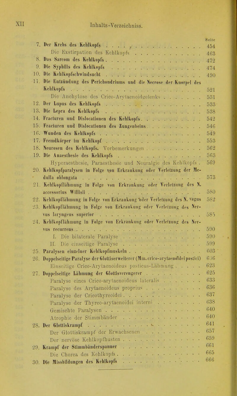 Seile 7. Ihr Krebs des Kehlkopfs 454 Die Exstirpation flcs Kehlkopfs 4G3 8. Das Sarcom des Kchlkupfs 472 9. Wie Syphilis des Kehlkopfs 474 10. Die Kehlkopfschwiiidsucht 49O 11. Die Kiitzüiiditiig des Perichoiidriiims imd die Necrose der Knorpel des Kehlkopfs 521 Die Ancliylose des Crico-Arylaeiioirliieleiiks 531 12. Der Lupus des Kehlkopfs 533 13. Die Lepra des Kehlkopfs 538 14. Fracturen und Dislocationen des Kehlkopfs 542 15. Fracturen und Dislocationen des Zuugenhcins 546 16. Wunden des Kehlkopfs 549 17. Fremdkörper im Kehlkopf . 553 18. Neurosen des Kehlkopfs. Vorbemerkungen 562 19. Die Anaeslhesie des Kehlkopfs 563 Hyperaesthesie, Paraesihesie und Neuralgie des Kehlkopfs . 569 20. Kehlkopfparalysen in Folge \on Erkrankung oder Verletzung der Me- dulla oblongata 573 21. Rehlkopfliihinung In Folge von Erkrankung oder Yerlelziing des N. accessorius Willisii 580 22. Kehlkopfliihuiung in Folge von Erkrankung bder Verletzung des N. vagus 5S2 23. Kehlkopl'lähniuug in Folge von Erkrankung oder Verletzung des '^•f- vus laryngeus superior 585 24. Kehlkopfliihuiung in Folge von Erkrankung oder Verlelzung des Ner- vus recurrens 590 I. Die bilaterale Paralyse 590 IL Die einseitige Paralyse 599 25. Paralysen einzelner Kehlkopfuiuskeln 603 26. Doppelseitige Paralyse der Glottlserweiterer (Mui.crico-arjtaenoldeipostici) 6 )6 Eiiiseiligc Crico-xVrytaenoii'leus posticus-Lähmung 623 27. Doppelseitige Lähmung der Gloltlsverengerer 625 Paralyse eines Crico-arytaeuoideus laleralis 633 Paralyse des Arytaenoideus proprius 636 Paralyse der Cricothyreoidei 637 Paralyse der Thyreo-arytaenoidci in lern i 638 Gemischte Paralysen 640 Atrophie der Stimmbänder 640 28. Der Glottiskrampf 641 Der Glottiskrampf der Erwach.scnen 657 Der nervöse Kehlkopfhusten 65!) 29. Krampf der Stliumbänderspanner 661 Die Chorea des Kehlkopfs 665 30. Die Missblldungen des Kehlkopfs 666