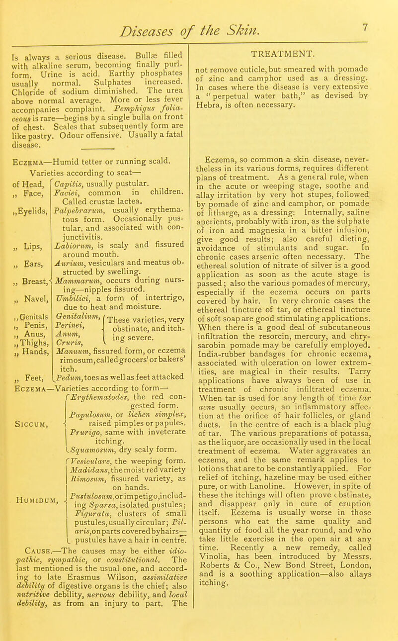 Is always a serious disease. Bulla? filled with alkaline serum, becoming finally puri- form. Urine is acid. Earthy phosphates usually normal. Sulphates increased. Chloride of sodium diminished. The urea above normal average. More or less fever accompanies complaint. Pemphigus folia- ceous is rare—begins by a single bulla on front of chest. Scales that subsequently form are like pastry. Odour offensive. Usually a fatal disease. Eczema—Humid tetter or running scald. Varieties according to seat— of Head, ,. Face, „Eyelids, Capitis, usually pustular. Faciei, common in children. Called crusts lactea. Palpebrarum, usually erythema- tous form. Occasionally pus- tular, and associated with con- junctivitis. Lips, Labiorum, is scaly and fissured around mouth. Ears, Anrium, vesiculars and meatus ob- structed by swelling. Breast,-! Mammarum, occurs during nurs- ing—nipples fissured. Navel, Umbilici, a form of intertrigo, due to heat and moisture. Genitalium, (These varietieS) very ,, Genitals „ Penis, „ Anus, „ Thighs, „ Hands, Perinei, Anum, Cruris, obstinate, and itch- ing severe. Manuum, fissured form, or eczema rimosum,calledgrocers' or bakers' itch. Feet, yPedum, toes as -well as feet attacked Eczema—Varieties according to form— fErythematodes, the red con- gested form. Papillosum, or lichen simplex, Siccum, 1 raised pimples or papules. Prurigo, same with inveterate itching. {Squamosum, dry scaly form. CYesiculare, the weeping form. ' Madidans,themoistred variety Rimosum, fissured variety, as on hands. Pustulosum, or impetigo,includ- ing Sparsa, isolated pustules ; Figurata, clusters of small pustules, usually circular; Pil- aris,on parts coveredbyhairs— ^ pustules have a hair in centre. Cause.—The causes may be either idio- pathic, sympathic, or constitutional. The last mentioned is the usual one, and accord- ing to late Erasmus Wilson, assimilative debility of digestive organs is the chief; also nutritive debility, nervous debility, and local debility, as from an injury to part. The HUMIDUM, TREATMENT. not remove cuticle, but smeared with pomade of zinc and camphor used as a dressing. In cases where the disease is very extensive a  perpetual water bath, as devised by Hebra, is often necessary. Eczema, so common a skin disease, never- theless in its various forms, requires different plans of treatment. As a general rule, when in the acute or weeping stage, soothe and allay irritation by very hot stupes, followed by pomade of zinc and camphor, or pomade of litharge, as a dressing: Internally, saline aperients, probably with iron, as the sulphate of iron and magnesia in a bitter infusion, give good results; also careful dieting, avoidance of stimulants and sugar. In chronic cases arsenic often necessary. The ethereal solution of nitrate of silver is a good application as soon as the acute stage is passed; also the various pomades of mercury, especially if the eczema occurs on parts covered by hair. In very chronic cases the ethereal tincture of tar, or ethereal tincture of soft soap are good stimulating applications. When there is a good deal of subcutaneous infiltration the resorcin, mercury, and chry- sarobin pomade may be carefully employed. India-rubber bandages for chronic eczema, associated with ulceration on lower extrem- ities, are magical in their results. Tarry applications have always been of use in treatment of chronic infiltrated eczema. When tar is used for any length of time tar acne usually occurs, an inflammatory affec- tion at the orifice of hair follicles, or gland ducts. In the centre of each is a black plug of tar. The various preparations of potassa, as the liquor, are occasionally used in the local treatment of eczema. Water aggravates an eczema, and the same remark applies to lotions that are to be constantly applied. For relief of itching, hazeline may be used either pure, or with Lanoline. However, in spite of these the itchings will often prove cbstinate, and disappear only in cure of eruption itself. Eczema is usually worse in those persons who eat the same quality and quantity of food all the year round, and who take little exercise in the open air at any time. Recently a new remedy, called Vinolia, has been introduced by Messrs. Roberts & Co., New Bond Street, London, and is a soothing application—also allays itching.