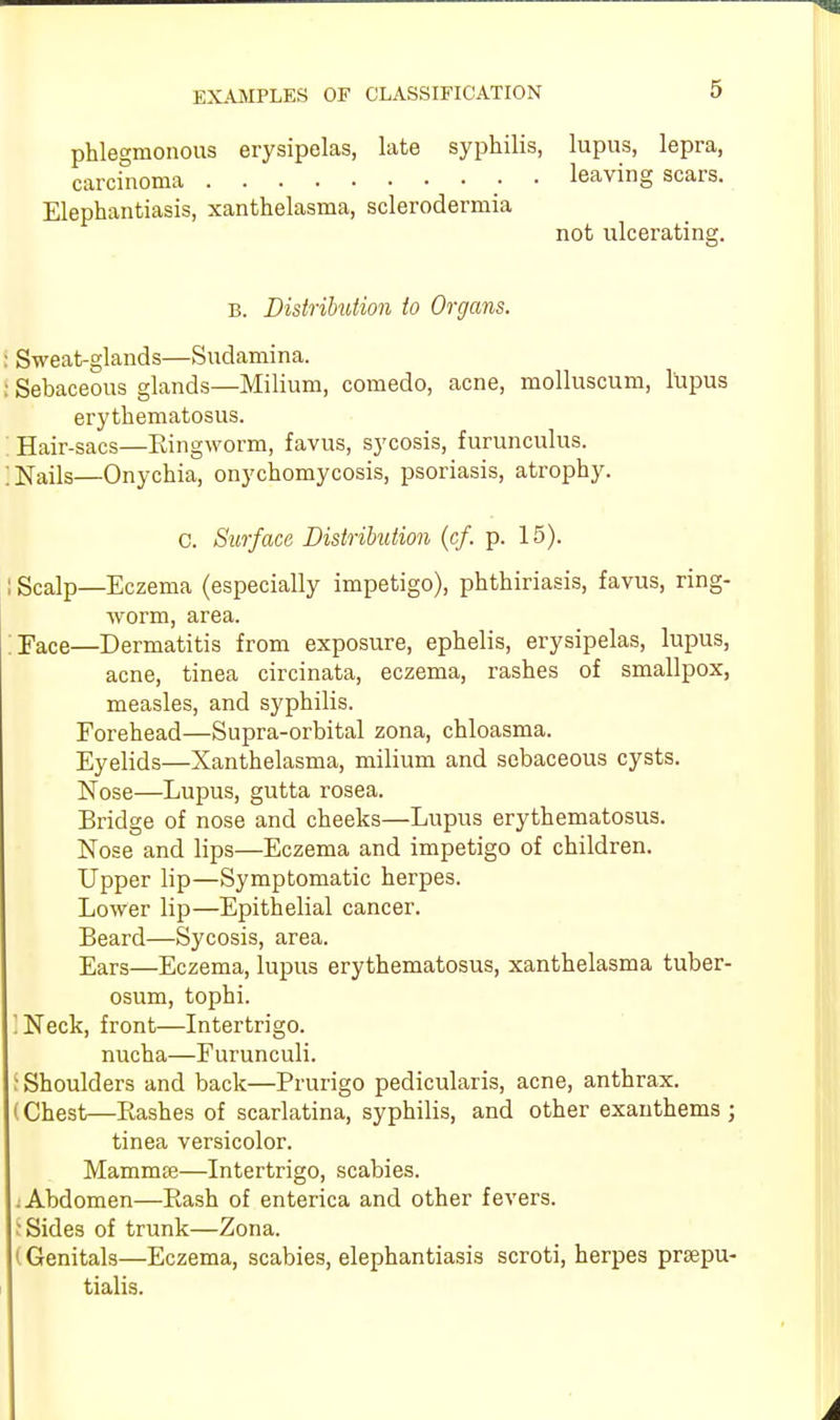 phlegmonous erysipelas, late syphilis, lupus, lepra, carcinoma • • leaving scars. Elephantiasis, xanthelasma, sclerodermia not ulcerating. B. Distribution to Organs. Sweat-glands—Sudamina. Sebaceous glands—Milium, comedo, acne, molluscum, lupus erythematosus. Hair-sacs—Ringworm, favus, sycosis, furunculus. ; Nails—Onychia, onychomycosis, psoriasis, atrophy. c. Surface Distribution (cf. p. 15). I Scalp—Eczema (especially impetigo), phthiriasis, favus, ring- worm, area. Pace—Dermatitis from exposure, ephelis, erysipelas, lupus, acne, tinea circinata, eczema, rashes of smallpox, measles, and syphilis. Forehead—Supra-orbital zona, chloasma. Eyelids—Xanthelasma, milium and sebaceous cysts. Nose—Lupus, gutta rosea. Bridge of nose and cheeks—Lupus erythematosus. Nose and lips—Eczema and impetigo of children. Upper lip—Symptomatic herpes. Lower lip—Epithelial cancer. Beard—Sycosis, area. Ears—Eczema, lupus erythematosus, xanthelasma tuber- osum, tophi. I Neck, front—Intertrigo. nucha—Furunculi. I Shoulders and back—Prurigo pedicularis, acne, anthrax. (Chest—Bashes of scarlatina, syphilis, and other exanthems ; tinea versicolor. Mammffi—Intertrigo, scabies. : Abdomen—Bash of enterica and other fevers. Sides of trunk—Zona. ( Genitals—Eczema, scabies, elephantiasis scroti, herpes prsepu- tialis.