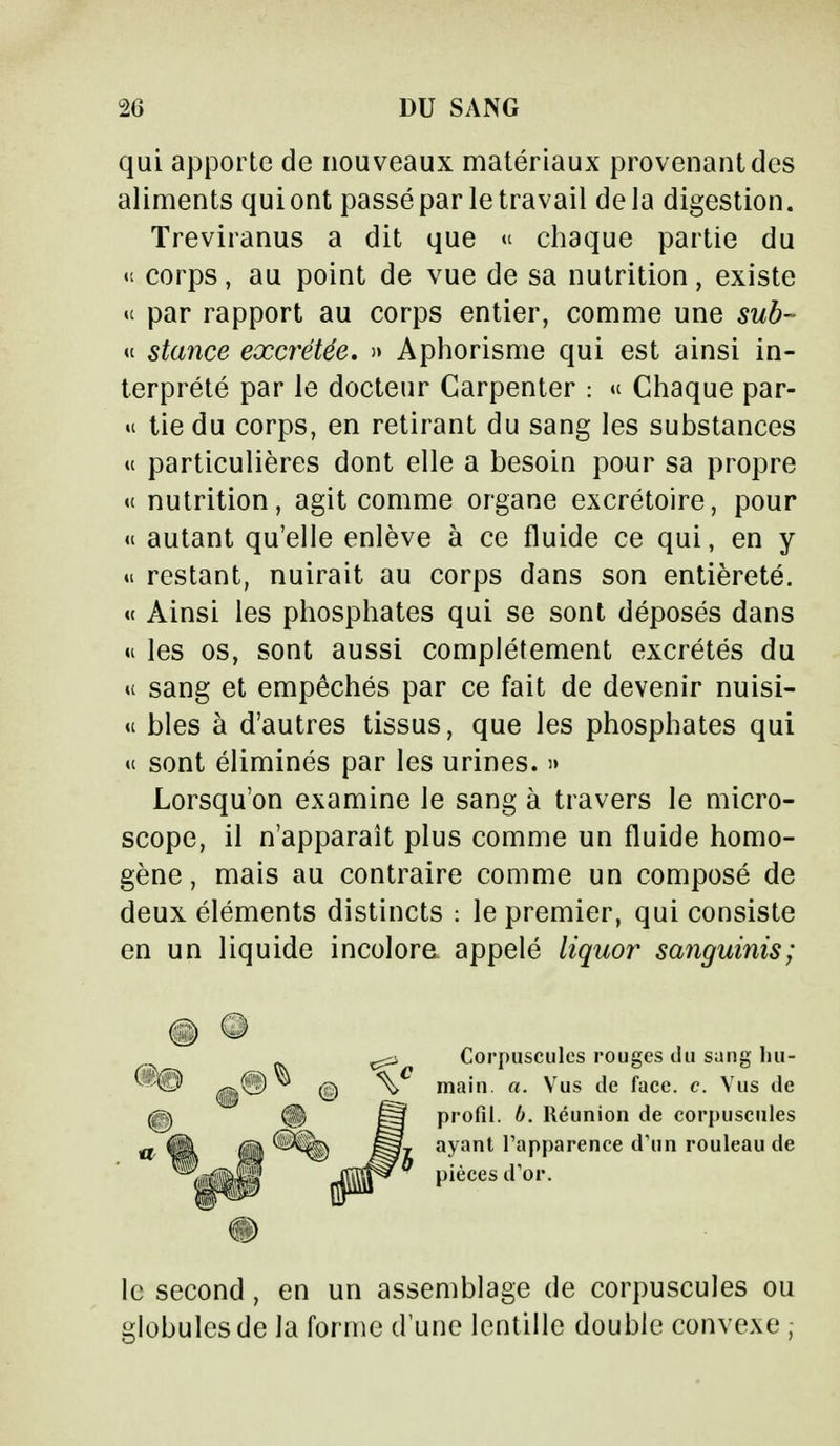 qui apporte de nouveaux matériaux provenant des aliments qui ont passé par le travail delà digestion. Treviranus a dit que « chaque partie du «< corps, au point de vue de sa nutrition, existe « par rapport au corps entier, comme une sub~ « stance excrétée. » Aphorisme qui est ainsi in- terprété par le docteur Carpenter : « Chaque par- ti lie du corps, en retirant du sang les substances « particulières dont elle a besoin pour sa propre « nutrition, agit comme organe excrétoire, pour « autant qu'elle enlève à ce fluide ce qui, en y «i restant, nuirait au corps dans son entièreté. « Ainsi les phosphates qui se sont déposés dans « les os, sont aussi complètement excrétés du « sang et empêchés par ce fait de devenir nuisi- « bles à d'autres tissus, que les phosphates qui « sont éliminés par les urines. » Lorsqu'on examine le sang à travers le micro- scope, il n'apparaît plus comme un fluide homo- gène , mais au contraire comme un composé de deux éléments distincts : le premier, qui consiste en un liquide incolore appelé liquor sanguinis; <§) G Corpuscules rouges du sang Im- main a. Vus de face. c. Vus de profil, b. Réunion de corpuscules ayant l'apparence d'un rouleau de pièces d'or. le second, en un assemblage de corpuscules ou globules de la forme dune lentille double convexe ;
