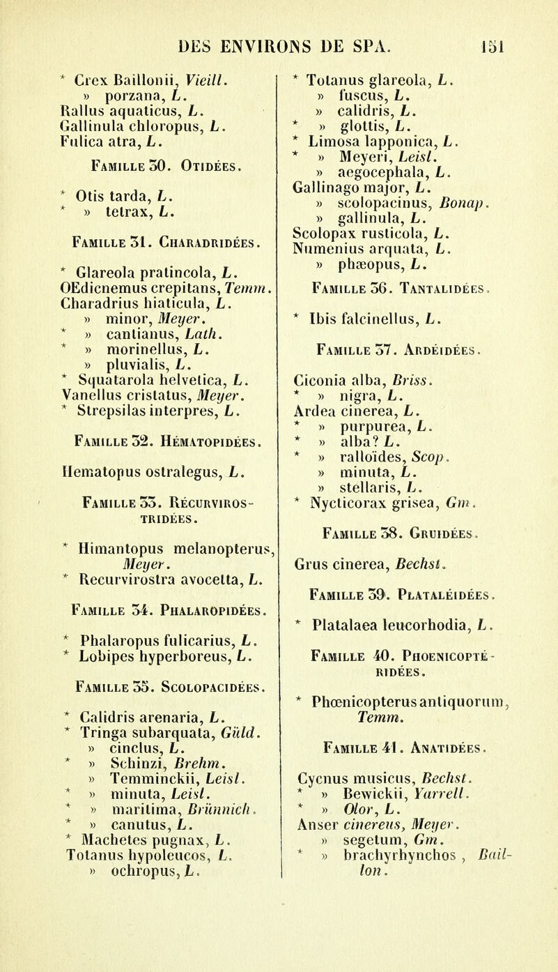 * Crex Bâillonii, Vieill. » porzana, L. Rallus aquaticus, L. Gallinula chioropus, L. Fulica atra, L. Famille 30. Otidées. * Otis tarda, L. * » tetrax, L. Famille 31. Charadridées. * Glareola pratincola, L. OEdicnemus crepitans, Tenon. Charadrius hiaticula, L. » min or, Metjer, * » canlianus, Lath. * » morinellus, L. » pluvialis, L. * Squatarola helvelica, L. Vanellus crislatus, Meyer. * Strepsilas interpres, L. Famille 32. Hématopidées. Ilematopus ostralegus, L. Famille 33. Récurviros- tridées. * Himantopus melanopterus Meyer. * Recurvirostra avocelta, L. Famille 34. Phalaropidées. * Phalaropus fulicarius, L. * Lobipes hyperboreus, L. Famille 55. Scolopacidées. * Calidris arenaria, L. * Tringa subarquata, Gûld. » cinclus, L. * » Schinzi, Brehm. » Temminckii, Leisl. * » minuta, Leisl. * » marilima, Brùnnich. * » canutus, L. * Machetcs pugnax, L. Tolanus hypoleucos, L, » ochropus,!,. * Tolanus glareola, L. » fuscus, L. » calidris, L. * » glotlis, L. * Limosa lapponica, L. * » Meyeri, Leisl. » aegocephala, L. Gallinago major, L. » scolopacinus, Bonap. » gallinula, L. Scolopax rusticola, L. Numenius arquata, L. » phœopus, L. Famille 36. Tantalidées, * Ibis falcinellus, L. Famille 37. Akdéidées. Ciconia alba, Briss. * » nigra, L. Ardea cinerea, L. * » purpurea, L. * » alba?L. * » ralloïdes, Scop. » minuta, L. » stellaris, L. * Nyclicorax grisea, Gm. Famille 38. Gruidées. Grus cinerea, Bechsi, Famille 30. Plataléidées. * Platalaea leucorhodia, L. Famille 40. Piioenicopté- ridées. * Phœnicopterusanliquorum, Temm. Famille 41. Anatidées. Cycnus musicus, Bechst. * » Bewickii, Yarrell. * » Olor, L. Anser cinereus, Meyer. » segetum, Gm. * » brachyrhynchos , Bâil- lon.