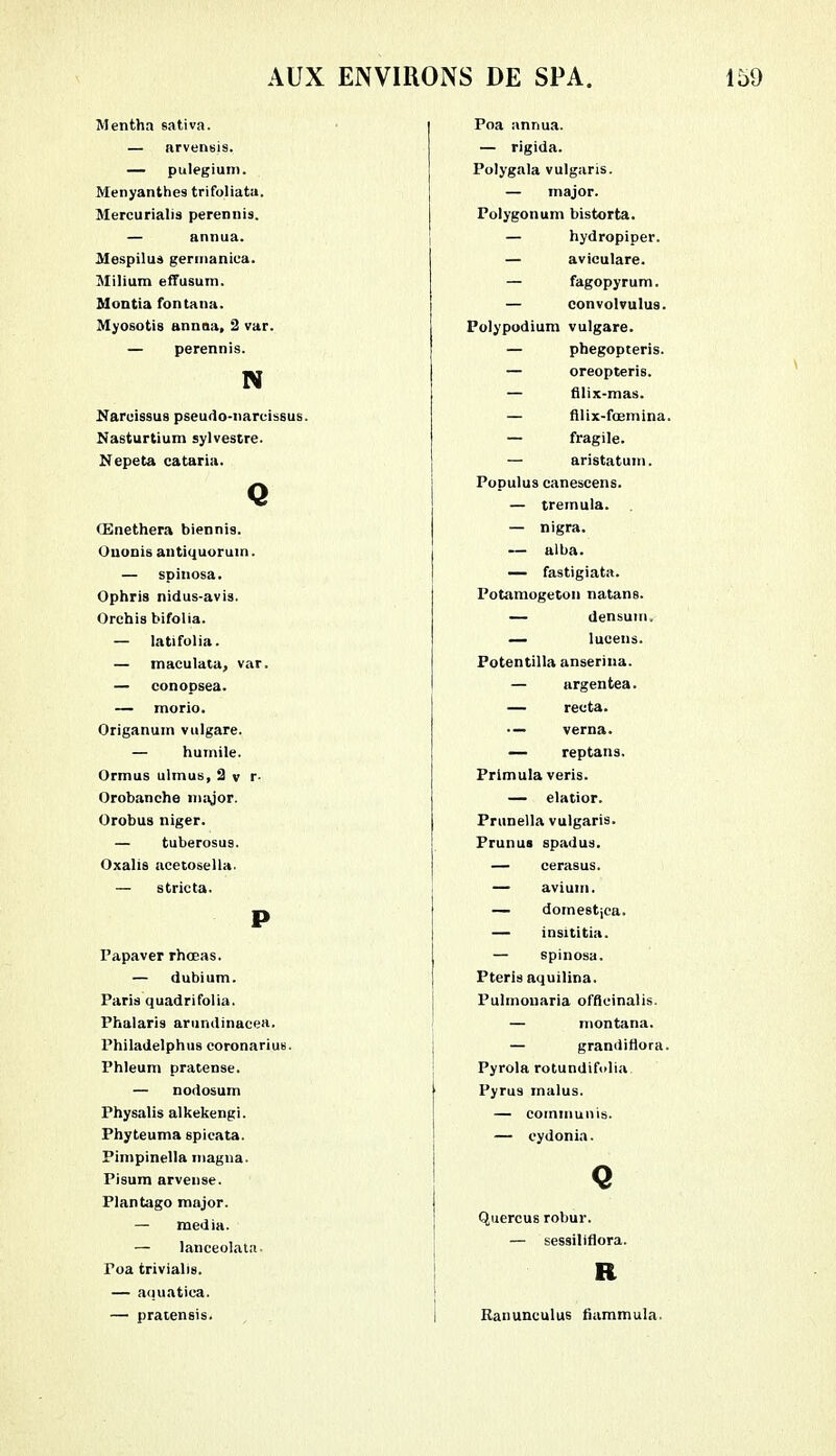 Mentha 6ativa. — arvensis. — pulegium. Menyanthes trifoliata. Mercurialis perennis. — anima. Mespilus germaniea. .M il mm effusum. Montia fontana. Myosotis anima, 2 var. — perennis. N Nareissus pseudo-nardssus. Nasturtium sylvestre. Nepeta cataria. CEnethera biennis. Ouonis antiquorum. — spinosa. Ophris nidus-avis. Orchis bifolia. — latifolia. — maculata, var. — conopsea. — morio. Origanuin vulgare. — humile. Ormus ulmus, 2 v r- Orobanche major. Orobus niger. — tuberosus. Oxalis acetosella. — s trie ta. Papaver rhœas. — dubium. Paris quadrifolia. Phalaris arundinacea. Philadelphie coronariuis. Phleuni pratense. — nodosum Physalis alkekengi. Phyteuma spicata. Pinipinella magna. Pisum arvense. Plantago major. — média. — lanceolata. Poa trivialis. — aquatica. — pratensis. Poa annua. — rigida. Polygala vulgaris. — major. Polygonum bistorta. — hydropiper. — avieulare. — fagopyrum. — convolvulus. Polypodium vulgare. — phegopteris. — oreopteris. — filix-mas. — filix-fœmina. — fragile. — aristatuin. Populus canescens. — tremula. — nigra. — alba. — fastigiata. Potamogeton natans. — densum, — lucens. Potentilla anserina. — argentea. — recta. • — verna. — reptans. Primula veris. — elatior. Pninella vulgaris. Prunus spadus. — cerasus. — avium. — dorne8tjca. — insititia. — spinosa. Pteris aquilina. Puhnouaria offieinalis. — montana. — gramlirlora. Pyrola rotundifidia. Pyrus malus. — communis. — cydonia. Q luercus robur. — sessiliflora. Ranunculus fiammula.