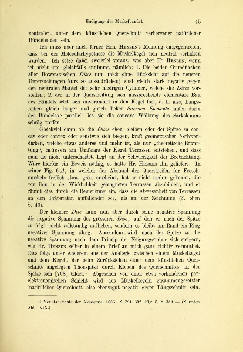 neutraler, unter dem künstlichen Querschnitt verborgener natürlicher Bündelenden sein. Ich muss aber auch ferner Hrn. Hensen's Meinung entgegentreten^ dass bei der Molecularhypothese die Muskelkegel sich neutral verhalten würden. Ich setze dabei zweierlei voraus, was aber Hr. Hensen, wenn ich nicht irre, gleichfalls annimmt, nämhch: 1. Die beiden Grundflächen aller BowMAN'schen Discs (um mich ohne Rücksicht auf die neueren Untersuchungen kurz so auszudrücken) sind gleich stark negativ gegen den neutralen Mantel der sehr niedrigen Cylinder, welche die Discs vor- stellen; 2. der in der Querstreifung sich aussprechende elementare Bau des Bündels setzt sich unverändert in den Kegel fort, d. h. also. Längs- reihen gleich langer und gleich dicker Sarcous Elements laufen darin der Bündelaxe parallel, bis sie die concave Wölbung des Sarkolemms schräg treffen. Grleichviel dann ob die Discs eben bleiben oder der Spitze zu con- cav oder convex oder sonstwie sich biegen, kraft geometrischer Nothwen- digkeit, welche etwas anderes und mehr ist, als nur „theoretische Erwar- tung, müssen am Umfange der Kegel Terrassen entstehen, und dass man sie nicht unterscheidet, hegt an der Schwierigkeit der Beobachtung. Wäre hierfür ein Beweis nöthig, so hätte Hr. Hensen ihn gehefert. In seiner Fig. Q A, in welcher der Abstand der Querstreifen für Frosch- muskeln freihch etwas gross erscheint, hat er nicht umhin gekonnt, die von ihm in der Wirklichkeit geleugneten Terrassen abzubilden, und er räumt dies durch die Bemerkung ein, dass die Abwesenheit von Terrassen an den Präparaten auffallender sei, als an der Zeichnung (S. oben S. 40). Der kleinere Disc kann nun aber durch seine negative Spannung- die negative Spannung des grösseren Disc, auf den er nach der Spitze zu folgt, nicht vollständig aufheben, sondern es bleibt am Rand ein Ring negativer Spannung übrig. Ausserdem, wird nach der Spitze zu die negative Spannung nach dem Princip der Neigungsströme sich steigern^ wie Hr. Hensen selber in einem Brief an mich ganz richtig vermuthet. Dies folgt unter Anderem aus der Analogie zwischen einem Muskelkegel und dem Kegel, der beim Zurückziehen einer dem künstlichen Quer- schnitt angelegten Thonspitze durch Kleben des Querschnittes an der Spitze sich [798] bildet.^ Abgesehen von einer etwa vorhandenen par- elektronomischen Schicht wird aus Muskelkegeln zusammengesetzter 'natürlicher Querschnitt' also ebensogut negativ gegen Längsschnitt sein^ 1 Monatsberichte der Akademie, 1866. S. 391. 392. Fig. 5, S. 389.— (S. unten Abh. XIX.)