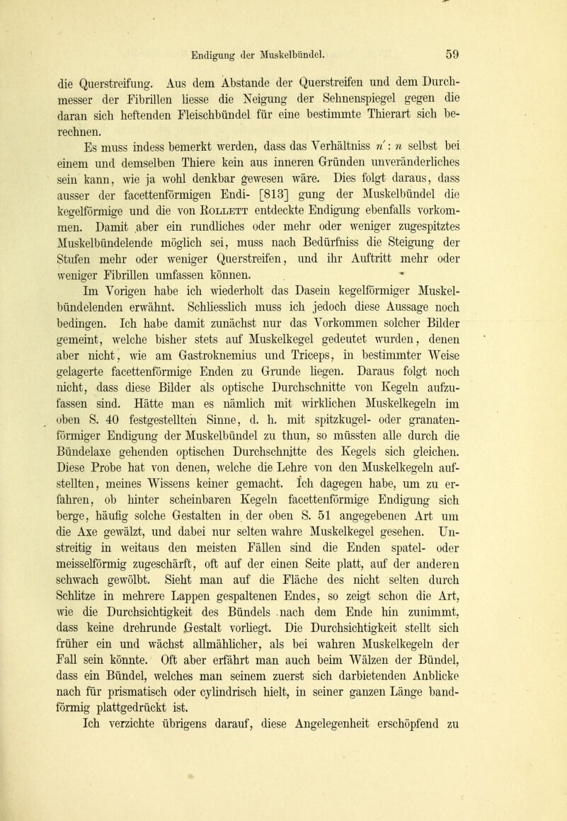 die Querstreifung. Aus dem Abstände der Querstreifen und dem Durch- messer der Eibrillen liesse die Neigung der Sehnenspiegel gegen die daran sich heftenden Fleischbündel für eine bestimmte Thierart sich be- rechnen. Es muss indess bemerkt werden, dass das Verhältniss n : n selbst bei einem und demselben Thiere kein aus inneren Gründen unveränderhches sein kann, wie ja wohl denkbar gewesen wäre. Dies folgt daraus, dass ausser der facettenförmigen Endi- [813] gung der Muskelbündel die kegelförmige und die von Rollett entdeckte Endigung ebenfalls vorkom- men. Damit aber ein rundliches oder mehr oder weniger zugespitztes Muskelbündelende mögüch sei, muss nach Bedürfniss die Steigung der Stufen mehr oder weniger Querstreifen, und ihr Auftritt mehr oder weniger Fibrillen umfassen können. Im Vorigen habe ich wiederholt das Dasein kegelförmiger Muskel- bündelenden erwähnt. Schliesslich muss ich jedoch diese Aussage noch bedingen. Ich habe damit zunächst nur das Vorkommen solcher Bilder gemeint, welche bisher stets auf Muskelkegel gedeutet wurden, denen aber nicht, wie am Gastroknemius und Triceps, in bestimmter Weise gelagerte facettenförmige Enden zu Grunde liegen. Daraus folgt noch nicht, dass diese Bilder als optische Durchschnitte von Kegeln aufzu- fassen sind. Hätte man es nämlich mit wirklichen Muskelkegeln im oben S. 40 festgestellten Sinne, d. h. mit spitzkugel- oder granaten- förmiger Endigung der Muskelbündel zu thun, so müssten alle durch die Bündelaxe gehenden optischen Durchschnitte des Kegels sich gleichen. Diese Probe hat von denen, welche die Lehre von den Muskelkegeln auf- stellten, meines Wissens keiner gemacht. Ich dagegen habe, um zu er- fahren, ob hinter scheinbaren Kegeln facettenförmige Endigung sich berge, häufig solche Gestalten in der oben S. 51 angegebenen Art um die Axe gewälzt, und dabei nur selten wahre Muskelkegel gesehen. Un- streitig in weitaus den meisten Fällen sind die Enden spatel- oder meisselförmig zugeschärft, oft auf der einen Seite platt, auf der anderen schwach gewölbt. Sieht man auf die Fläche des nicht selten durch Schhtze in mehrere Lappen gespaltenen Endes, so zeigt schon die Art, wie die Durchsichtigkeit des Bündels .nach dem Ende hin zunimmt, dass keine drehrunde Gestalt vorhegt. Die Durchsichtigkeit stellt sich früher ein und wächst allmählicher, als bei wahren Muskelkegeln der Fall sein könnte. Oft aber erfährt man auch beim Wälzen der Bündel, dass ein Bündel, welches man seinem zuerst sich darbietenden Anblicke nach für prismatisch oder cylindrisch hielt, in seiner ganzen Länge band- förmig plattgedrückt ist. Ich verzichte übrigens darauf, diese Angelegenheit erschöpfend zu