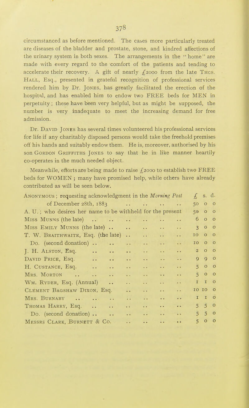 circumstanced as before mentioned. The cases more particularly treated are diseases of the bladder and prostate, stone, and kindred affections of the urinary system in both sexes. The arrangements in the  home are made with every regard to the comfort of the patients and tending to accelerate their recovery. A gift of nearly £2000 from the late Thcs. Hall, Esq., presented in grateful recognition of professional services rendered him by Dr. Jones, has greatly facilitated the erection of the hospital, and has enabled him to endow two FREE beds for MEN in perpetuity ; these have been very helpful, but as might be supposed, the number is very inadequate to meet the increasing demand for free admission. Dr. David Jones has several times volunteered his professional services for life if any charitably disposed persons would take the freehold premises off his hands and suitably endow them. He is, moreover, authorised by his son Gordon Griffiths Jones to say that he in like manner heartily co-operates in the much needed object. Meanwhile, efforts are being made to raise ^2000 to establish two FREE beds for WOMEN ; many have promised help, while others have already contributed as will be seen below. Anonymous ; requesting acknowledgment in the Morning Post £ s. d- of December 28th, 1883 50 0 0 A. U. ; who desires her name to be withheld for the present 5° 0 0 Miss Munns (the late) 6 0 0 Miss Emily Munns (the late) 3 0 0 T. W. Braithwaite, Esq. (the late) 10 0 0 Do. (second donation) 10 0 0 J. H. Alston, Esq. 2 0 0 David Price, Esq. 9 9 0 H. Custance, Esq. 5 0 0 Mrs. Morton 5 0 0 Wm. Ryder, Esq. (Annual) 1 1 0 Clement Bagshaw Dixon, Esq. 10 10 0 Mrs. Burnaby 1 1 0 Thomas Harry, Esq. 5 5 0 Do. (second donation) 5 5 0 Mf.ssrs Clark, Burnett & Co. 5 0 0