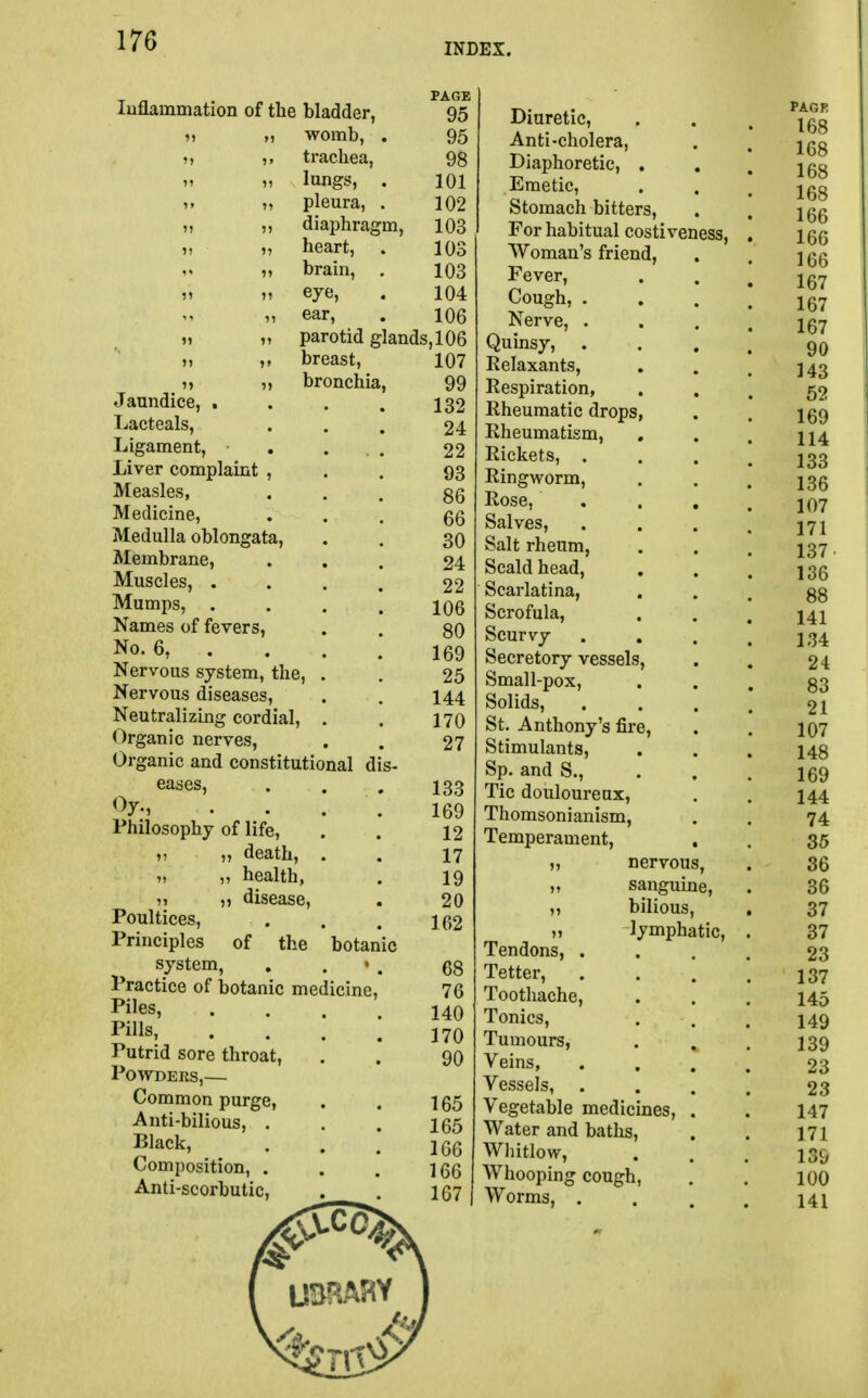 INDEX. T r. . PAGE Iuflauimation of the bladder, 95 „ „ womb, . 95 • , trachea, 98 » » lungs, . 101 u pleura, . 102 i) » diaphragm, 103 ?, heart, . 103 » brain, . 103 >i eye, . 104 » ear, . 106 „ „ parotid glands,106 >j ,, breast, „ bronchia Jaundice, . Lacteals, Ligament, Liver complaint , Measles, Medicine, Medulla oblongata, Membrane, Muscles, . Mumps, . Names of fevers, No. 6, . Nervous system, the Nervous diseases, Neutralizing cordial, Organic nerves, Organic and constitutional dis eases, Oy., Philosophy of life, ,1 ,, death, „ „ health, 11 disease Poultices, Principles of the botanic system, . . 1 Practice of botanic medicine Piles, Pills, Putrid sore throat, Powders,— Common purge, Anti-bilious, . Black, Composition, . Anti-scorbutic, 107 99 132 24 22 93 86 66 30 24 22 106 80 169 25 144 170 27 133 169 12 17 19 20 162 68 76 140 170 90 165 165 166 166 1G7 Diuretic, Anti-cholera, Diaphoretic, . Emetic, Stomach bitters, For habitual costiveness, Woman's friend, Fever, Cough, . Nerve, . Quinsy, . Relaxants, Respiration, Rheumatic drops, Rheumatism, Rickets, . Ringworm, Rose, Salves, Salt rheum, Scald head, Scarlatina, Scrofula, Scurvy Secretory vessels, Small-pox, Solids, St. Anthony's fire, Stimulants, SP. and S., Tic douloureux, Thomsonianism, Temperament, „ nervous, ,, sanguine, ,, bilious, lymphatic, Tendons, . Tetter, Toothache, Tonics, Tumours, Veins, Vessels, . Vegetable medicines, Water and baths, Whitlow, Whooping cough, Worms, .