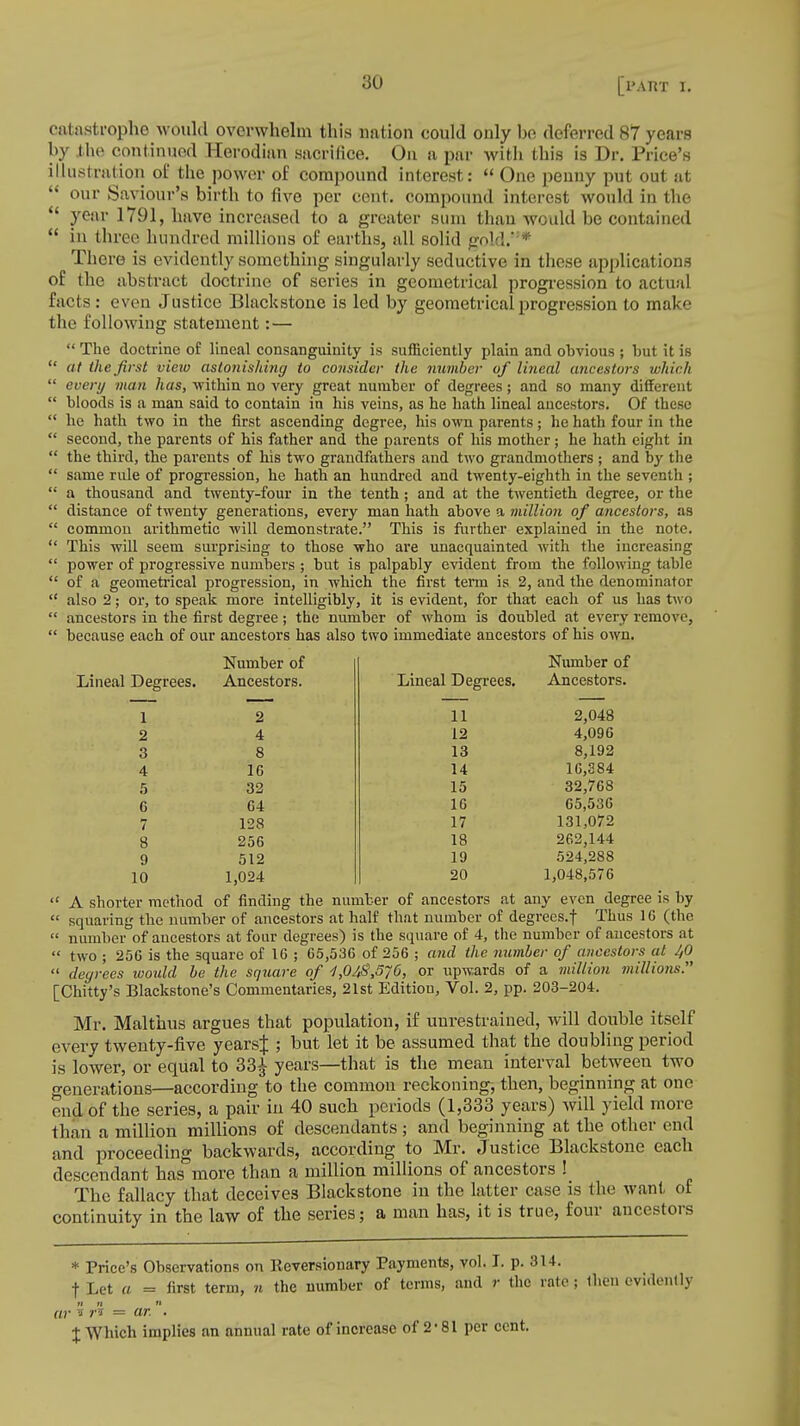 catastrophe would overwhelm this nation could only he deferred 87 years by the continued Herodian sacrifice. On a par with this is Dr. Price's illustration of the power of compound interest:  One penny put out at  our Saviour's birth to five per cent, compound interest would in the  year 1791, have increased to a greater sum than would be contained  in three hundred millions of earths, all solid gold.':* There is evidently something singularly seductive in these applications of the abstract doctrine of series in geometrical progression to actual facts: even Justice Blackstone is led by geometrical progression to make the following statement: —  The doctrine of lineal consanguinity is sufficiently plain and obvious j but it is  at the first vieio astonishing to consider the number of lineal ancestors which  every man has, within no very great number of degrees; and so many different  bloods is a man said to contain in his veins, as he hath lineal ancestors. Of these  he hath two in the first ascending degree, his own parents; he hath four in the  second, the parents of his father and the parents of his mother; he hath eight in  the third, the parents of his two grandfathers and two grandmothers ; and by the  same rule of progression, he hath an hundred and twenty-eighth in the seventh ; u a thousand and twenty-four in the tenth; and at the twentieth degree, or the  distance of twenty generations, every man hath above a million of ancestors, as  common arithmetic will demonstrate. This is further explained in the note.  This will seem surprising to those who are unacquainted with the increasing  power of progressive numbers ; but is palpably evident from the following table  of a geometrical progression, in which the first term is 2, and the denominator  also 2; or, to speak more intelligibly, it is evident, for that each of us has two  ancestors in the first degree; the number of whom is doubled at every remove,  because each of our ancestors has also two immediate ancestors of his own. Lineal Degrees. 1 2 3 4 5 G 7 8 9 10 Number of Ancestors. 2 4 8 1C 32 C4 128 256 512 1,024 Lineal Degrees. 11 12 13 14 15 1G 17 18 19 20 Number of Ancestors. 2,048 4,096 8,192 16,384 32,768 65,536 131,072 262,144 524,288 1,048,576  A shorter method of finding the number of ancestors at any even degree is by  squaring the number of ancestors at half that number of degrees, f Thus 16 (the  number of ancestors at four degrees) is the square of 4, the number of ancestors at  two ; 256 is the square of 16 ; 65,536 of 256 ; and the number of ancestors at 40  degrees would be the square of 1,048,576, or upwards of a million millions. [Chitty's Blackstone's Commentaries, 21st Editiou, Vol. 2, pp. 203-204. Mr. Malthus argues that population, if unrestrained, will double itself every twenty-five yearsj ; but let it be assumed that the doubling period is lower, or equal to 33£ years—that is the mean interval between two generations—according to the common reckoning, then, beginning at one en| of the series, a pair in 40 such periods (1,333 years) will yield more than a million millions of descendants; and beginning at the other end and proceeding backwards, according to Mr. Justice Blackstone each descendant has more than a million millions of ancestors !_ The fallacy that deceives Blackstone in the latter case is the want of continuity in the law of the series; a man has, it is true, four ancestors * Price's Observations on Reversionary Payments, vol. I. p. 314. f Let a - first term, n the number of terms, and r the rate; then evidently n n n ■ n j-i = ar. . % Which implies an annual rate of increase of 2-81 per cent.