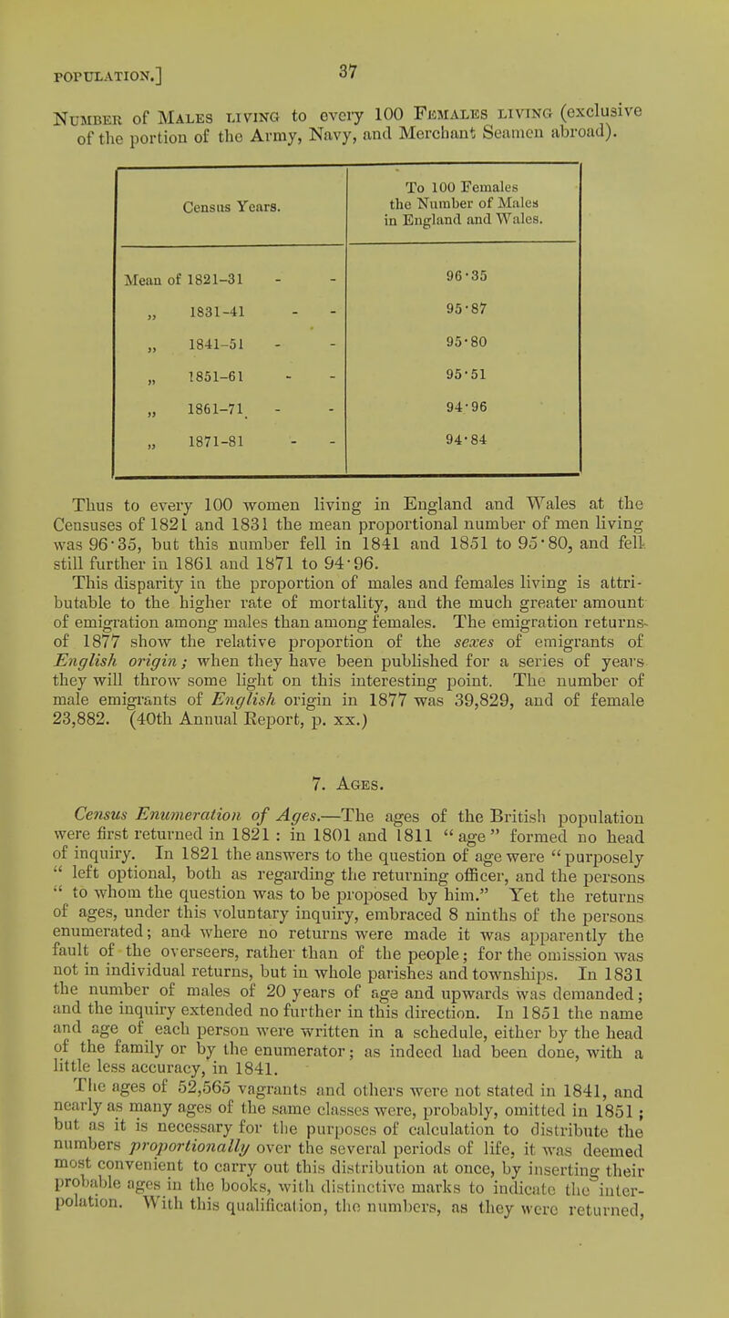 Number of Males living to every 100 Females living (exclusive of the portion of the Army, Navy, and Merchant Seamen abroad). Census Years. To 100 Females the Number of Males in England and Wales. Mean of 1821-31 96-35 1831-41 95-87 „ 1841-51 95-80 „ 1851-61 95-51 „ 1861-71. 94-96 1871-81 94-84 Thus to every 100 women living in England and Wales at the Censuses of 182 L and 1831 the mean proportional number of men living was 96-35, but this number fell in 1841 and 1851 to 95-80, and fell, still further in 1861 and 1871 to 94*96. This disparity in the proportion of males and females living is attri- butable to the higher rate of mortality, and the much greater amount of emigration among males than among females. The emigration returns- of 1877 show the relative proportion of the sexes of emigrants of English origin; when they have been published for a series of years they will throw some light on this interesting point. The number of male emigrants of English origin in 1877 was 39,829, and of female 23,882. (40th Annual Report, p. xx.) 7. Ages. Census Enumeration of Ages.—The ages of the British population were first returned in 1821 : in 1801 and 1811 age formed no head of inquiry. In 1821 the answers to the question of age were purposely •' left optional, both as regarding the returning officer, and the persons  to whom the question was to be proposed by him. Yet the returns of ages, under this voluntary inquiry, embraced 8 ninths of the persons enumerated; and where no returns were made it was apparently the fault of the overseers, rather than of the people; for the omission was not in individual returns, but in whole parishes and townships. In 1831 the number of males of 20 years of age and upwards was demanded; and the inquiry extended no further in this direction. In 1851 the name and age of each person were written in a schedule, either by the head of the family or by the enumerator; as indeed had been done, with a little less accuracy, in 1841. The ages of 52,565 vagrants and others were not stated in 1841, and nearly as many ages of the same classes were, probably, omitted in 1851; but as it is necessary for the purposes of calculation to distribute the numbers proportionally over the several periods of life, it was deemed most convenient to carry out this distribution at once, by inserting their probable ages in the books, with distinctive marks to indicate the inter- polation. With this qualification, the numbers, as they were returned,