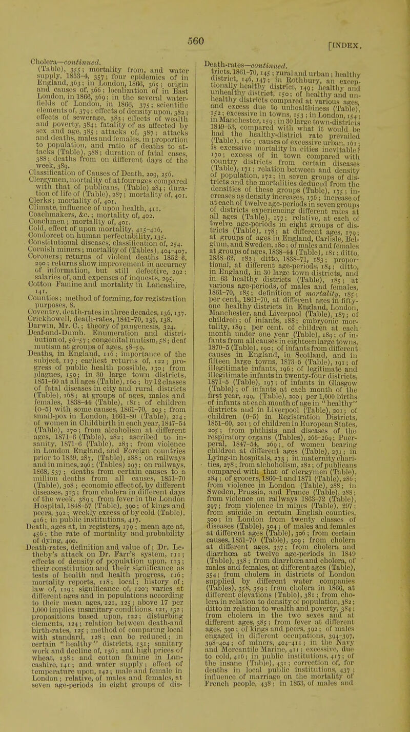[INDEX. Cholera—continued. (Table), 355; mortality from, and water supply, 1888-4, 357; four epidemics of in bngland, 363; in London, I860, 3t« ; origin and causes of, 366; localization of in East London, in 1866,369; in the several water- tlelas of London, in 1866, slSi scientific elenientsof, 379; effects of density upon, 382; effects of sewerage, 383; effects of wealth and poverty, 384s fatality of as affected by sex ami age, 38$; attacks of, 387; attacks ami deaths, males and females, in proportion to population, and ratio of deaths to at- tacks (Table), 388; duration of ratal cases, 388; deaths from on different days of the week, 389. Classification of Causes of Death, 209, 256. Clergymen, mortality of atfourages compared with that of publicans, (Table) 2S4; dura- tion of life of (Table), 2S7 ; mortalit y of, 401. Clerks; mortality of, 401. Climate, influence of upon health, 411. Coaehmakers, &c.; mortality of, 402. Coachmen ; mortality of, 401. Cold, effect of upon mortality, 415-416, Condorcet on human perfectability, 135. Constitutional diseases, classification of, 254. Cornish miners; mortality of (Tables), 404-407. Coroners; returns of violent deaths 1852-6, 290; returns show improvement in accuracy 0!' information, but still defective, 292': salaries of, and expenses of inquests, 295. Cotton Famine and mortality in Lancashire, 141. Counties; method of forming, for registration purposes, S. Coventry, death-rates in three decades, 136,137. Crickhowell, death-rates, 1841-70, 136, 13S. Darwin, Mr. C.; theory of pangenesis, 324. Deof-and-Dumb, Enumeration and distri- bution of, 56-57; congenital mutism. 58; deaf mutism at groups of ages, 5S-59. Deaths, in England, 116; importance of the subject, t 17 ; earliest returns of, 122; pro- gress of public health possible, 130; from plagues, 150; in 30 large town districts, 1861-60 at all ages (Table), 160 ; by 12classes of fatal diseases in city and rural districts (Table), 168; at groups of ages, males and females, 1838-44 (Table), 181; of children (0-5) with some causes, 1S01-70, 203 ; from small-pox in London, 1GG1-S0 (Table), 214; of women in Childbirth in each year, 1847-64 (Table), 270; from alcoholism at different ages, 1871-0 (Table), 282; ascribed to in- sanity, 1871-0 (Tabic), 283; from violence in London England, and Foreign countries prior to 183!), 287, (Table), 288; on railways and in mines, 296 ; (Tables) 297 ; on railways, 1868,537 ; deaths from certain causes to a million deaths from all causes, 1851-70 (Table), 308 ; economic effectof, by different diseases, 313 ; from cholera in different days of the week. 3S9 ; from fever in the London Hospital, 1848-57 (Table), 390; of kings and peers, 392 ; weekly excess of by cold (Tabic), 416; in public institutions, 417. Death, ages at, in registers, 179 ; mean age at, 456; the rate of mortality and probability of dying, 490. Death-rates, definition and value of; Dr. Le- theby's attack on Dr. Parr's system, in; effects of density of population upon, 113; their constitution and their significance as tests of health and health progress, 116; mortality reports, 118; local; history of; law of, 119; significance of, 12c; varies at different ages and in populations according to their mean ages, 121, 125; above 17 per 1,000 implies insanitary conditions, 121, 132; propositions basod upon, 122; disturbing elements, 124; relation between death-anit birth-rates, 125 ; method of comparing local with standard, 128; can be reduced; in certain healthy districts, 131; sanitary work and decline of, 136; and high prices of wheat, 138; and cotton famine in Lan- cashire, 141 i and water supply; effect of temperature upon, 142; male and female in London; relative, of males and females, at seven age-periods in eight groups of dis- Death-rates—continued. tricts. 1801-70,145; rural and urban; healthy district, 146 147; in Itothbury, an excep- tionally healthy district, 149; healthy and unhealthy distriot, 150; of healthy and 1111- nealthy districts compared at various ages and oxcess due to unhoalthiness (Table)' 152; excessive in towns, 153 ; in London, 154; iom ,n,cllostei'' < »>30 larB° town-districts 1849-53, compared with what it would be , ,\ho healthy-district rate prevailed Uauic),i6o; causes of excessive urba 161 • is excessive mortality in cities inevitable? 170; excess of in town compared with 5™W districts from certain diseases (lablc), 171; relation between and density of population, 172; in seven groups of dis- tricts and the mortalities deduced from tin- densities of these groups (Table), 175; in- creases as density increases, 176 ; increase of at each of twelve age-periods in seven groups of districts experiencing different rates at all ages (Table), 177; relative, at, each of twelve age-periods in eight groups of dis- tricts (Table), 178; at different ages, 179; at groups of ages in England, Carlisle, Bel- gium, and Sweden, 1S0; of males and females at groups of ages, 1838-14 (Table), 181; ditto 1S3S-62, 182; ditto, 1838-71, 183; propor- tional, at different age-periods, 184; ditto, in England, in 30 large town districts, and m 63 healthy districts (Table), 185; at various age-periods, of males and females, 1801-70, 185; definition of mortality, is;: per cent., 1861-70, at different ages in fifty- one healthy districts in England, London, Manchester, and Liverpool (Table), 187; of children; of infants, 18S; embryonic mor- tality, 189; per cent, of children at each month under one year (Table), 189; of in- fants from all causes in eighteen large towns, 1870- 5 (Table), 190; of infants from different causes in England, in Scotland, and in fifteen large towns. 1873-5 (Table), 191; of illegitimate infants, 196; of legitimate and illegitimate infants in twenty-four districts, 1871- 5 (Table), 197; of infants in Glasgow (Table) ; of infants at each month of the first year, 199, (Table), 200; per 1,000 births of infants at each month cf age in healthy districts aud in Liverpool (Table), 201; of children (0-5) in Registration Districts, 1851-60, 201; of children iu European States, 205; from phthisis and diseases of the respiratory organs (Tables), 266-269; Puer- peral, 1847-54, 269; of women bearing children at different ages (Table), 271; in Lying-in hospitals, 273 ; in maternity chari- ■ ties, 278; from alchoholism, 282; of publicans compared with that of clergymen (Table), 284 ; of grocers, 1S00-1 and 1871 (Table), 2S6; from violence in London (Table), 2SS; in Sweden, Prussia, and Prance (Table), 2SS; from violence on railways 1863-72 (Table), 297; from violence in mines (Table), 297 ; from suicide in certain English counties, 300; in London from twenty classes of diseases (Table), 304 ; of males and females at different ages (Table), 306 ; from certain causes, 1851-70 (Table), 309; from cholera at different ages, 337; from cholera and diarrhoea at twelve age-periods in 1810 (Table), 338 ; from diarrhoea and cholera, of males and females, at different ages (Table), 354; from cholera in districts of London supplied by different water companies (Tables), 358, 359; from cholera in 1860, at different elevations (Table), 381; from cho- lera in relation to density of population, 382; ditto in relation to wealth and poverty, 384 ; from cholera in the two sexes and at different ages, 385 ; from fever at different ages, 390 ; of longs and peers, 392 ; of males engaged in different occupations. 311.1-397. 398-404; of millers, 404-411; in I lie Navy and Mercantile Marine, 411: excessive, due to cold, 41ft; in public institutions, 417; of the insane (Table), 431; correction of. for deaths iu local public institutions^ 437 ; influence of marriage on Hie mortality of French people. 438: iu 1863, Of males and
