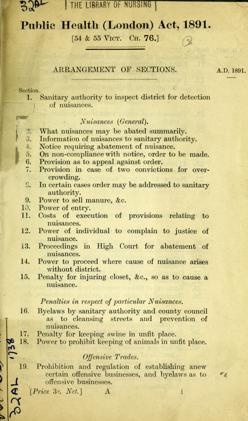 Public Health (London) Act, 1891. [54 & 55 Vict. Ch. 76.] ^ ARRANGEMENT OF SECTIONS. Section. 1. Sanitary authority to inspect district for detection of nuisances. J' Nuisances (General). *, What nuisances may be abated summarily. I' ;>. Information of nuisances to sanitary authority. i.. Notice requiring abatement of nuisance. I On non-comphance with notice, order to be made. ' 6. Provision as to appeal against order. 7. Provision in case of two convictions for over- crowding. S. In certain cases order may be addressed to sanitary authority. 9. Power to sell manure, &c. K). Power of entry. 11. Costs of execution of provisions relating to nuisances. 12. Power of individual to complain to justice of nuisance. 13. Proceedings in High Court for abatement of nuisances. 14. Power to proceed where cause of nuisance arises mthout district. 15. Penalty for injuring closet, &c., so as to cause a nuisance. Penalties in respect of particular Nuisances, 16. Byelaws by sanitary authority and county council as to cleansing streets and prevention of nuisances. Penalty for keeping swine in unfit place. Power to prohibit keeping of animals in unfit place. ^ Offensive Trades. 19. Prohibition and regulation of establishing anew certain offensive businesses, and byelaws as to ^ offensive businesses. <C [Price 3?. Net.'] A i