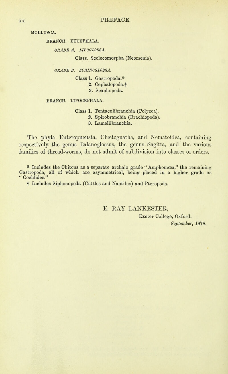 MOLLUSCA. BRANCH. EUCEPHALA. GRADE A. LIPOGLOSSA. Class. Scolecomorplia (Neomenia). GRADE B. ECHINOGLOSSA. Class 1. Gastropoda,* 2. Cephalopocla.f 3. Scaphopoda. BRANCH. LIPOCEPHALA. Class 1. Tentaculibranchia (Polyzoa). 2. Spirobranchia (Brachiopoda). 3. Lamellibrancliia. The pliyla Enteropneiista, Cliietognatha, and ISTematoidea, containing respectively tlie genus Balanoglossus, the genus Sagitta, and the various families of thread-worms, do not admit of subdivision into classes or orders. * Includes the Chitons as a separate archaic grade  Amphomoea, the remaining Gastropoda, all of which are asymmetrical, being placed in a higher grade as  Cochlides. f Includes Siphonopoda (Cuttles and Nautilus) and Pteropoda. E. EAY LAKKESTER, Exeter College, Oxford* September, 1878.