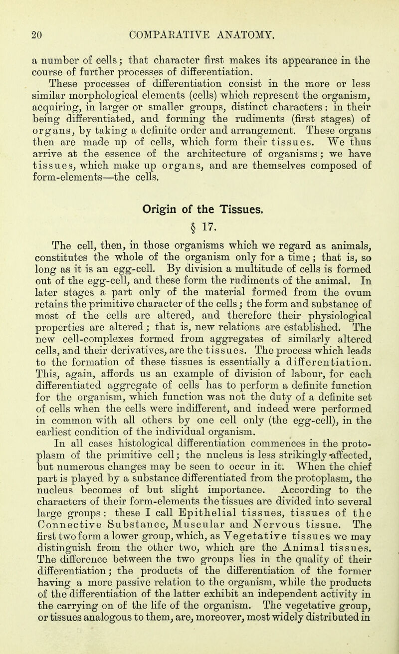a number of cells; tliat character first makes its appearance in the course of further processes of differentiation. These processes of differentiation consist in the more or less similar morphological elements (cells) which represent the organism^ acquiring, in larger or smaller groups, distinct characters: in their being differentiated, and forming the rudiments (first stages) of organs, by taking a definite order and arrangement. These organs then are made up of cells, which form their tissues. We thus arrive at the essence of the architecture of organisms; we have tissues, which make up organs, and are themselves composed of form-elements—the cells. Origin of the Tissues. § 17. The cell, then, in those organisms which we regard as animals, constitutes the whole of the organism only for a time; that is, so long as it is an egg-cell. By division a multitude of cells is formed out of the egg-cell, and these form the rudiments of the animal. In later stages a part only of the material formed from the ovum retains the primitive character of the cells; the form and substance of most of the cells are altered, and therefore their physiological properties are altered; that is, new relations are established. The new cell-complexes formed from aggregates of similarly altered cells, and their derivatives, are the tissues. The process which leads to the formation of these tissues is essentially a differentiation. This, again, affords us an example of division of labour, for each differentiated aggregate of cells has to perform a definite function for the organism, which function was not the duty of a definite set of cells when the cells were indifferent, and indeed were performed in common with all others by one cell only (the egg-cell), in the earliest condition of the individual organism. In all cases histological differentiation commences in the proto- plasm of the primitive cell; the nucleus is less strikingly -affected, but numerous changes may be seen to occur in it. When the chief part is played by a substance differentiated from the protoplasm, the nucleus becomes of but slight importance. According to the characters of their form-elements the tissues are divided into several large groups: these I call Epithelial tissues, tissues of the Connective Substance, Muscular and Nervous tissue. The first two form a lower group, which, as Vegetative tissues we may distinguish from the other two, which are the Animal tissues. The difference between the two groups lies in the quality of their differentiation; the products of the differentiation of the former having a more passive relation to the organism, while the products of the differentiation of the latter exhibit an independent activity in the carrying on of the life of the organism. The vegetative group, or tissues analogous to them, are^ moreover, most widely distributed in
