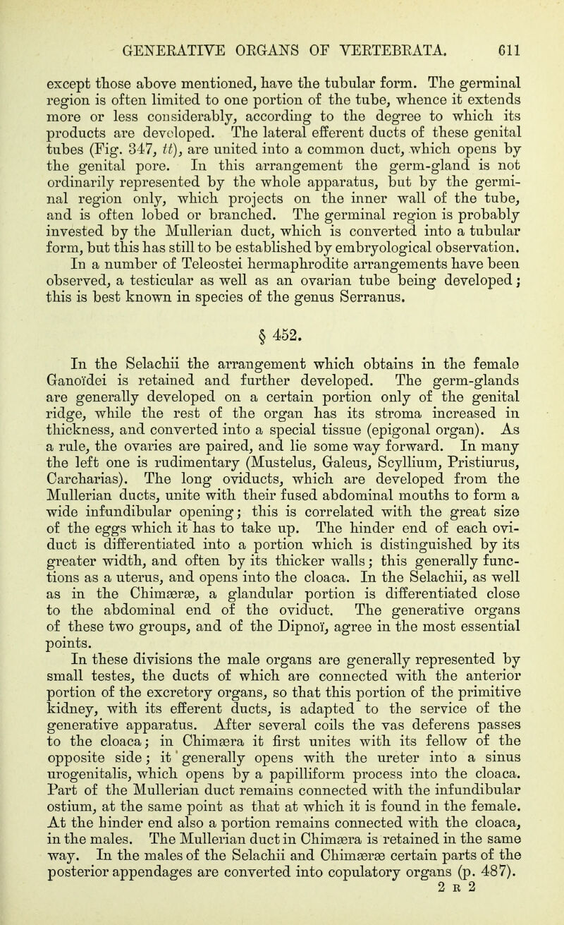 except tliose above mentioned, liave the tubular form. The germinal region is often limited to one portion of the tube, whence it extends more or less considerably, according to the degree to which its products are developed. The lateral efferent ducts of these genital tubes (Fig. 347, U), are united into a common duct, which opens by the genital pore. In this arrangement the germ-gland is not ordinarily represented by the whole apparatus, but by the germi- nal region only, which projects on the inner wall of the tube, and is often lobed or branched. The germinal region is probably invested by the Mullerian duct, which is converted into a tubular form, but this has still to be established by embryological observation. In a number of Teleostei hermaphrodite arrangements have been observed, a testicular as well as an ovarian tube being developed; this is best known in species of the genus Serranus. § 452. In the Selachii the arrangement which obtains in the female Ganoi'dei is retained and further developed. The germ-glands are generally developed on a certain portion only of the genital ridge, while the rest of the organ has its stroma increased in thickness, and converted into a special tissue (epigonal organ). As a rule, the ovaries are paired, and lie some way forward. In many the left one is rudimentary (Mustelus, Galeus, Scyllium, Pristiurus, Carcharias). The long oviducts, which are developed from the Mullerian ducts, unite with their fused abdominal mouths to form a wide infundibular opening; this is correlated with the great size of the eggs which it has to take up. The hinder end of each ovi- duct is differentiated into a portion which is distinguished by its greater width, and often by its thicker walls; this generally func- tions as a uterus, and opens into the cloaca. In the Selachii, as well as in the Chimserae, a glandular portion is differentiated close to the abdominal end of the oviduct. The generative organs of these two groups, and of the Dipnoi, agree in the most essential points. In these divisions the male organs are generally represented by small testes, the ducts of which are connected with the anterior portion of the excretory organs, so that this portion of the primitive kidney, with its efferent ducts, is adapted to the service of the generative apparatus. After several coils the vas deferens passes to the cloaca; in Chimera it first unites with its fellow of the opposite side; it ' generally opens with the ureter into a sinus urogenitalis, which opens by a papilliform process into the cloaca. Part of the Mullerian duct remains connected with the infundibular ostium, at the same point as that at which it is found in the female. At the hinder end also a portion remains connected with the cloaca, in the males. The Mullerian duct in Chimaera is retained in the same way. In the males of the Selachii and Chimserse certain parts of the posterior appendages are converted into copulatory organs (p. 487). 2 E 2