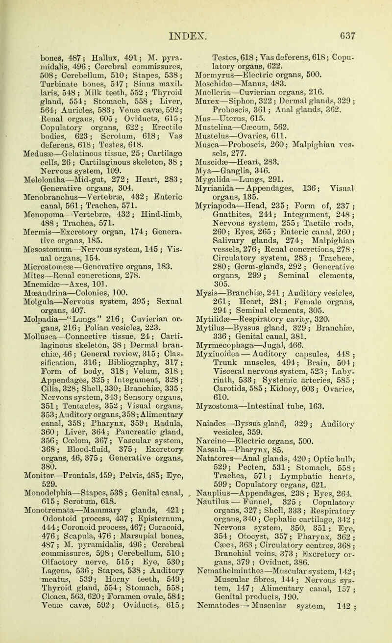 bones, 487; Hallux, 491; M. pyra- midalis, 496 ; Cerebral commissureg, 508; Cerebellum, 510; Stapes, 538; Turbinate bones, 517; Sinus niaxil- lai'is, 548 ; Milk teeth, 552 ; Thyroid gland, 551; Stomach, 558; Liver, 564; Auricles, 583; Yense cava3, 592; Renal organs, 605 ; Oviducts, 615 ; Copulatory organs, 622; Erectile bodies, 623; Scrotum, 618; Vas deferens, 618; Testes, 618. MedusEB—Gelatinous tissue, 25; Cartilage cells, 26 ; Cartilaginous skeleton, 38 ; Nervous system, 109. Melolontha—Mid-gut, 272; Heart, 283; Generative organs, 304. Menobranchus—Vertebroe, 432; Enteric canal, 561; Ti-achea, 571. Menopoma—Vertebrce, 432 j Hind-limb, 488 ; Trachea, 571. Mermis—Excretory organ, 174; Genera- tive organs, 185. Mesostomum—Nervous system, 145 ; Vis- ual organs, 154. Microstomese—Generative organs, 183. Mites—-Renal concretions, 278. Mnemidte—Axes, 101. Moeandrina—Colonies, 100. Molgula—Nervous system, 395; Sexual organs, 407. Molpadia—Lungs 216; Cuvierian or- gans, 216; Polian vesicles, 223. Mollusca—Connective tissue, 24; Carti- laginous skeleton, 38; Dermal bran- chiae, 46 ; General review, 315; Clas- sification, 316; Bibliography, 317 ; Form of body, 318; Velum, 318; Appendages, 325 ; Integument, 328; CiUa, 328; Shell, 330; Branchiae, 335 ; Nervous system, 343; Sensory organs, 351; Tentacles, 352 ; Visual organs, 353; Auditory organs, 358; Alimentary canal, 358; Pharynx, 359; Radula, 360; Liver, 364; Pancreatic gland, 356; Coelom, 367; Vascular system, 368; Blood-fluid, 375; Excretory organs, 46, 375 ; Generative organs, 380. Monitor—Erontals, 459; Pelvis, 485; Eye, 529. Monodelphia—Stapes, 538; Genital canal, 615; Scrotum, 618. Monotremata—Mammary glands, 421; Odontoid process, 437 ; Episternum, 444; Coronoid process, 467; Coracoid, 476 ; Scapula, 476 ; Marsupial bones, 487 ; M. pyramidalis, 496; Cerebral commissures, 508 ; Cerebellum, 510 ; Olfactory nerve, 515; Eye, 530; Lagena, 536 ; Stapes, 538 ; Auditory meatus, 539; Horny teeth, 549; Thyroid gland, 554; Stomach, 558; Cloaca, 563, 620; Foramen ovale, 584; Vense cavse, 592; Oviducts, 615; Testes, 618 ; Vas deferens, 618; Copu- latory organs, 622. Mormyrus—Electric organs, 500. MoschidfG—Manus, 483. Muellcria—Cuvierian organs, 216. Murex—Siphon, 322 ; Dermal glands, 329 ; Proboscis, 361; Anal glands, 362. Mus—Uterus, 615. Mustelina—Ca3cum, 562. Mustelus—Ovaries, 611. Musca—Proboscis, 260; Malpighiau vcs- sels, 277. Muscidffi—Heart, 283. Mya—Ganglia, 346. Mygalida—Lungs, 291. Myrianida — Appendages, 136; Visual organs, 135. Myriapoda—Head, 235; Form of, 237 ; Gnathites, 244; Integument, 248; Nervous system, 255; Tactile rods, 260; Eyes, 265; Enteric canal, 260; Salivary glands, 274; Malpighian vessels, 276; Renal concretions, 278 ; Circulatory system, 283; Trachea?, 280; Germ-glands, 292 ; Generative organs, 299; Seminal elements, 305. Mysis—Branchia3, 241; Auditory vesicles, 261; Heart, 281; Female organs, 294 ; Seminal elements, 305. Mytilidse—Respiratory cavity, 320. Mytilus—Byssus gland, 329; Branchia?, 336 ; Genital canal, 381. Myrmecophaga—Jugal, 466. Myxinoidea — Auditory capsules, 448; Trunk muscles, 494; Brain, 504; Visceral nervous system, 523 ; Laby- rinth, 533; Systemic arteries, 585 ; Carotids, 585 ; Kidney, 603 ; Ovaries, 610. Myzostoma—Intestinal tube, 163. Naiades—Byssus gland, 329 ; Auditory vesicles, 359. Narcine—Electric organs, 500. Nassula—Pharynx, 85. Natatores—Anal glands, 420 ; Optic bulb; 529; Pecten, 531; Stomach, 558; Trachea, 571; Lymphatic hearts, 599 ; Copulatory organs, 621. Nauplius—Appendages, 238 ; Eyes, 264. Nautilus — Funnel, 325 ; Copulatory organs, 327; Shell, 333 ; Respiratory organs, 340 ; Cephalic cartilage, 342 ; Nervous system, 350, 351; Eye, 354; Otocyst, 357; Pharynx, 362 ; Caeca, 363 ; Circulatory centres, 368 ; Branchial veins, 373 ; Excretory or- gans, 379 ; Oviduct, 386. Nemathelminthes—Muscular system, 142; Muscular fibres, 144; Nervous sys- tem, 147; Alimentary canal, 157 ; Genital products, ] 90. Nematodes — Muscular system, 142 ;