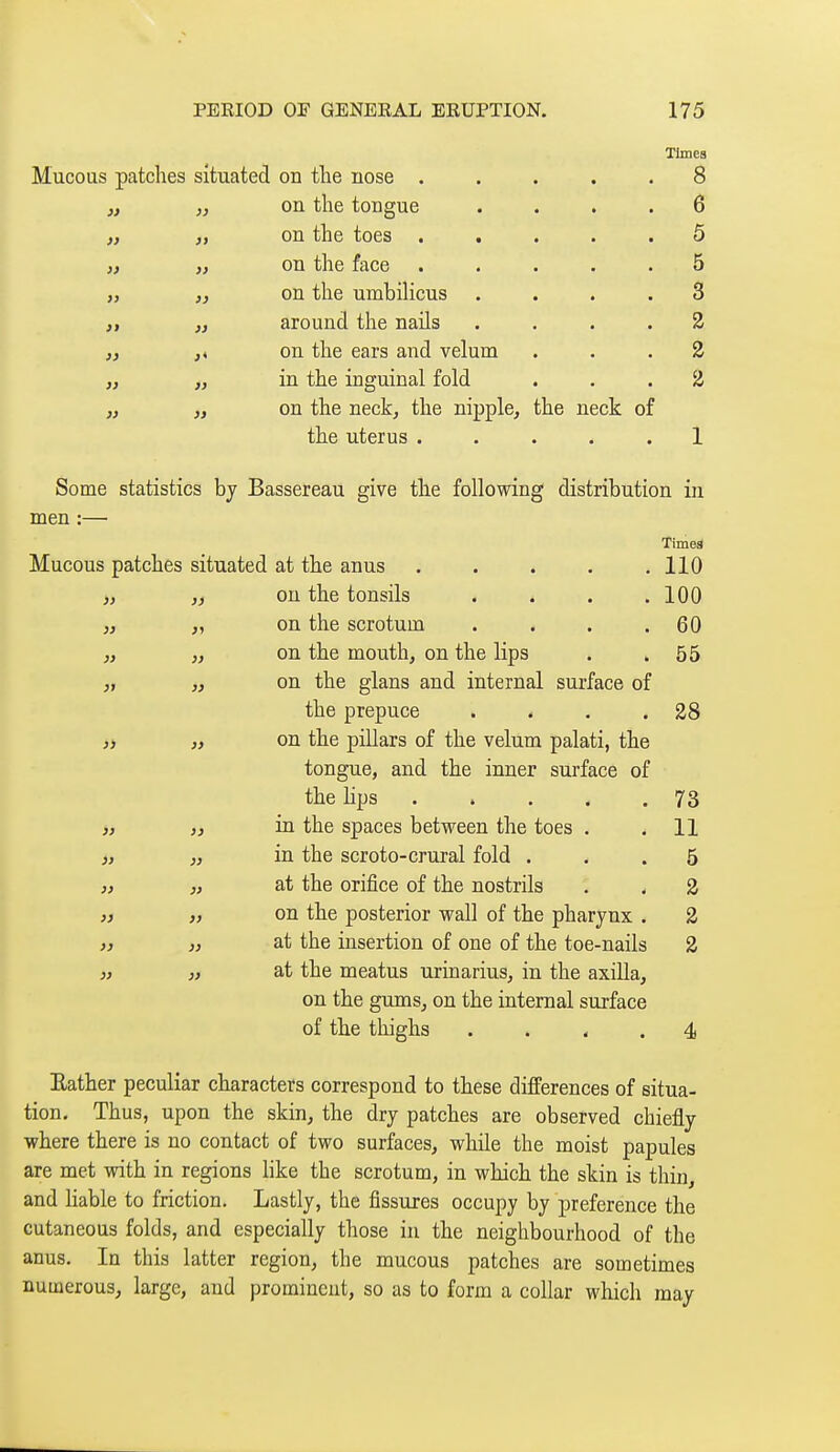 Times Mucous patches situated on the nose 8 ,f „ on the tongue .... 6 „ on the toes ..... 5 „ „ on the face 5 „ „ on the umbiHcus .... 3 „ „ around the nails .... 2 „ on the ears and velum ... 2 „ „ in the inguinal fold ... 2 „ „ on the neckj the nipple, the neck of the uterus ..... 1 Some statistics by Bassereau give the following distribution in men timed Mucous patches situated at the anus 110 >, ,j on the tonsils . . . .100 „ „ on the scrotum . . . .60 „ „ on the mouth, on the lips . .55 „ j, on the glans and internal surface of the prepuce . . . .28 ,i „ on the pillars of the velum palati, the tongue, and the inner surface of the hps 73 ), „ in the spaces between the toes . .11 „ „ in the scroto-crural fold ... 5 „ „ at the orifice of the nostrils . . 2 ,) „ on the posterior wall of the pharynx . 2 » „ at the insertion of one of the toe-nails 2 )} ), at the meatus urinarius, in the axilla, on the gums, on the internal surface of the thighs . . * . 4 Eather peculiar characters correspond to these differences of situa- tion. Thus, upon the skin, the dry patches are observed chiefly where there is no contact of two surfaces, while the moist papules are met with in regions hke the scrotum, in which the skin is thin, and Hable to friction. Lastly, the fissures occupy by preference the cutaneous folds, and especially those in the neighbourhood of the anus. In this latter region, the mucous patches are sometimes numerous, large, and prominent, so as to form a collar which may