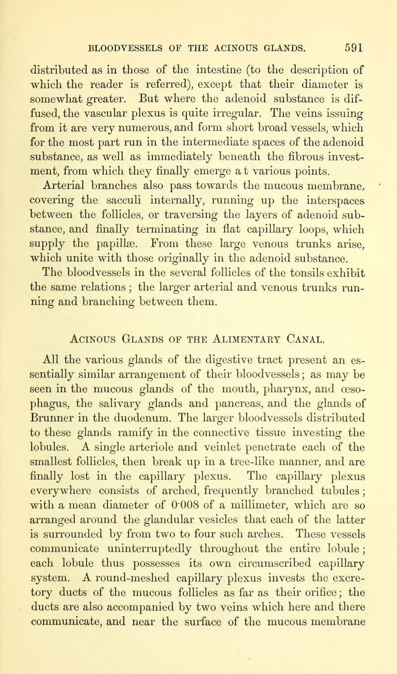 distributed as in those of the intestine (to the description of which the reader is referred), except that their diameter is somewhat greater. But where the adenoid substance is dif- fused, the vascular plexus is quite irregular. The veins issuing from it are very numerous, and form short broad vessels, which for the most part run in the intermediate spaces of the adenoid substance, as well as immediately beneath the fibrous invest- ment, from which they finally emerge a t various points. Arterial branches also pass towards the mucous membrane, covering the sacculi internally, running up the interspaces between the follicles, or traversing the layers of adenoid sub- stance, and finally terminating in flat capillary loops, which supply the papillae. From these large venous trunks arise, which unite with those originally in the adenoid substance. The bloodvessels in the several follicles of the tonsils exhibit the same relations ; the larger arterial and venous trunks run- ning and branching between them. Acinous Glands of the Alimentary Canal. All the various glands of the digestive tract present an es- sentially similar arrangement of their bloodvessels; as may be seen in the mucous glands of the mouth, pharynx, and oeso- phagus, the salivary glands and pancreas, and the glands of Brunner in the duodenum. The larger bloodvessels distributed to these glands ramify in the connective tissue investing the lobules. A single arteriole and veinlet penetrate each of the smallest follicles, then break up in a tree-like manner, and are finally lost in the capillary plexus. The capillary plexus everywhere consists of arched, frequently branched tubules; with a mean diameter of O'OOS of a millimeter, which are so arranged around the glandular vesicles that each of the latter is surrounded by from two to four such arches. These vessels communicate uninterruptedly throughout the entire lobule; each lobule thus possesses its own circumscribed capillary system. A round-meshed capillary plexus invests the excre- tory ducts of the mucous follicles as far as their orifice; the ducts are also accompanied by two veins which here and there communicate, and near the surface of the mucous membrane