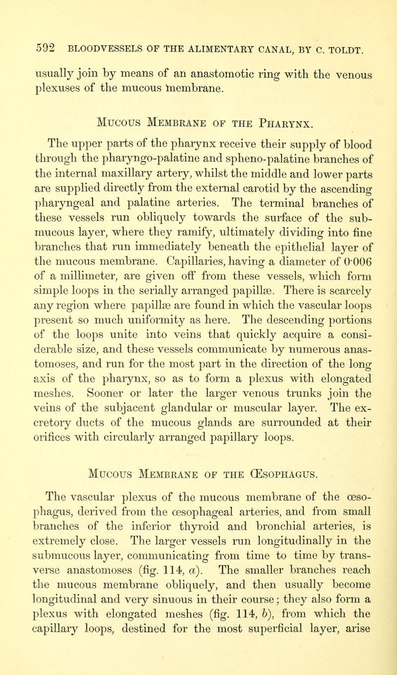 usually join by means of an anastomotic ring with the venous plexuses of the mucous taaembrane. Mucous Membrane of the Pharynx. The upper parts of the pharynx receive their supply of blood through the pharyngo-palatine and spheno-palatine branches of the internal maxillary artery, whilst the middle and lower parts are supplied directly from the external carotid by the ascending pharyngeal and palatine arteries. The terminal branches of these vessels run obliquely towards the surface of the sub- mucous layer, where they ramify, ultimately dividing into fine branches that run immediately beneath the epithelial layer of the mucous membrane. Capillaries, having a diameter of 0*006 of a millimeter, are given off from these vessels, which form simple loops in the serially arranged papillae. There is scarcely any region where papillae are found in which the vascular loops present so much uniformity as here. The descending portions of the loops unite into veins that quickly acquire a consi- derable size, and these vessels communicate by numerous anas- tomoses, and run for the most part in the direction of the long axis of the pharynx, so as to form a plexus with elongated meshes. Sooner or later the larger venous trunks join the veins of the subjacent glandular or muscular layer. The ex- cretory ducts of the mucous glands are surrounded at their orifices with circiilarly arranged papillary loops. Mucous Membrane of the Oesophagus. The vascular plexus of the mucous membrane of the oeso- phagus, derived from the oesophageal arteries, and from small branches of the inferior thyroid and bronchial arteries, is extremely close. The larger vessels run longitudinally in the submucous layer, communicating from time to time by trans- verse anastomoses (fig. 114, a). The smaller branches reach the mucous membrane obliquely, and then usually become longitudinal and very sinuous in their course; they also form a plexus with elongated meshes (fig. 114, 6), from which the capillary loops, destined for the most superficial layer, arise