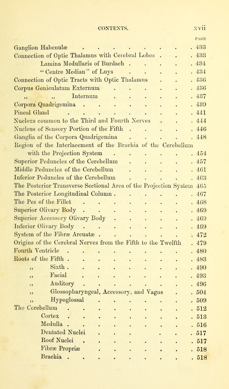 PAÜE Ganglion Habenulae ........ 483 Connection of Optic Thalamus with Cerebral Lobes . . . 433 Lamina Medullaris of Burdach ..... 434 *'Centre Median  of Luys ..... 484 Connection of Optic Tracts with Optic Thalamus . . . 430 Corpus Geniculatum Externum ...... 430 Internum ...... 437 Corpora Quadrigemina ........ 439 Pineal Gland 441 Nucleus common to the Third and Fourth Nerves . . . 444 Nucleus of Sensory Portion of the Fifth . . . . . 446 Ganglia of the Corpora Quadrigemina ..... 448 Region of the Interlacement of the Brachia of the Cerebellum with the Projection System ...... 454 Superior Peduncles of the Cerebellum ..... 457 Middle Peduncles of the Cerebellum ..... 401 Inferior Peduncles of the Cerebellum . . . . .403 The Posterior Transverse Sectional Area of the Projection System 405 The Posterior Longitudinal Column ...... 407 The Pes of the Fillet 408 Superior Olivary Body ........ 469 Superior Accessory Olivary Body ...... 469 Inferior Olivary Body . . . . . . . . 469 System of the Fibrae Arcuatae . . . . . . .472 Origins of the Cerebral Nerves from the Fifth to the Twelfth . 479 Fourth Ventricle 480 Koots of the Fifth 483 Sixth 490 Facial 493 Auditory 490 Glossopharyngeal, Accessory, and Vagus . . 504 Hypoglossal 509 The Cerebellum 512 Cortex 513 Medulla 516 Dentated Nuclei . . . . . .517 Roof Nuclei ........ 517 Fibrae Propriee . . . . » . .518 Brachia 518