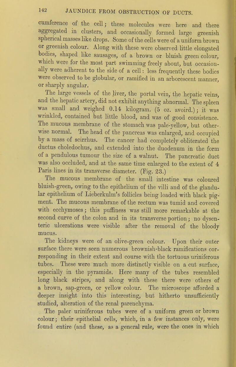 cumference of the cell; tliese molecules were here and there aggregated in clusters, and occasionally formed large greenish spherical masses like drops. Some of the cells were of a uniform brown or greenish colour. Along with these were observed little elongated bodies, shaped like sausages, of a brown or bluish green colour, which were for the most part swimming freely about, but occasion- ally were adherent to the side of a cell: less frequently these bodies were observed to be globular, or ramified in an arborescent manner, or sharply angular. The large vessels of the liver, the portal vein, the hepatic veins, and the hepatic artery, did not exhibit anything abnormal. The spleen was small and weighed 0.14 kilogram. (5 oz. avoird.); it was wrinkled, contained but littie blood, and was of good consistence. The mucous membrane of the stomach was pale-yellow, but other- wise normal. The head of the pancreas was enlarged, and occupied by a mass of scirrhus. The cancer had completely obhterated the ductus choledochus, and extended into the duodenum in the form of a pendulous tumoui- the size of a walnut. The pancreatic duct was also occluded, and at the same time enlarged to the extent of 4 Paris lines in its transverse diameter. (Fig. 23.) The mucous membrane of the small intestine was coloured bluish-green, owing to the epithelium of the villi and of the glandu- lar epithelium of Lieberkulm's follicles being loaded with black pig- ment. The mucous membrane of the rectum was tumid and covered with ecchymoses; this puffiness was still more remarkable at the second curve of the colon and in its transverse portion; no dysen- teric ulcerations were visible after the removal of the bloody mucus. The kidneys were of an olive-green colour. Upon their outer surface there were seen numerous brownish-black ramifications cor- responding in their extent and course with the tortuous uriniferous tubes. These were much more distinctly visible on a cut surface, especially in the pyramids. Here many of the tubes resembled long black stripes, and along with these there were others of a brown, sap-green, or yellow colour. The microscope afforded a deeper insight into this interesting, but hitherto unsufficiently studied, alteration of the renal parenchyma. The paler uriniferous tubes were of a uniform green or brown colour; their epithelial cells, which, in a few instances only, were found entire (and these, as a general rule, were the ones in which
