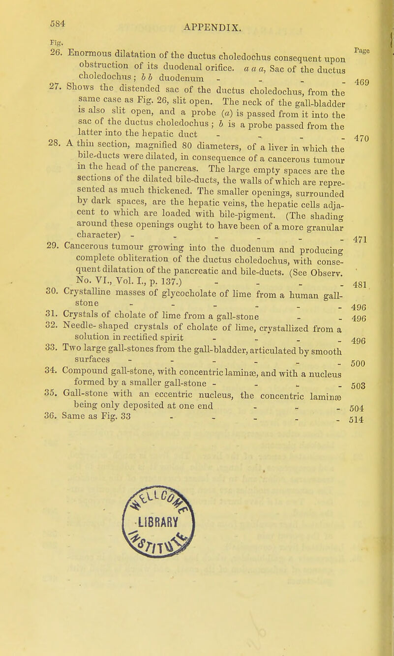 Page 409 Fig, 26. Enormous dilatation of the ductus choledochus consequent upon obstruction of its duodenal orifice, a a a, Sac of the ductus clioledochus ; bb duodenum - 27. Shows the distended sac of the ductus choledochus, from the same case as Fig. 26, slit open. The neck of the gall-bladder is also slit open, and a probe (a) is passed from it into the sac of the ductus choledochus ; b is a probe passed from the latter into the hepatic duct - 47Q 28. A thin section, magnified 80 diameters, of a liver in which the ' bile-ducts were dilated, in consequence of a cancerous tumour m the head of the pancreas. The large empty spaces are the sections of the dilated bile-ducts, the walls of which are repre- sented as much thickened. The smaller openings, surrounded by dark spaces, are the hepatic veins, the hepatic cells adja- cent to which are loaded with bile-pigment. (The shading around these openings ought to have been of a more granular character) 29. Cancerous tumour growing into the duodenum and producing complete obliteration of the ductus choledochus, with conse- quent dilatation of the pancreatic and bile-ducts. (See Observ No. VI., Vol. L, p. 137.) - 30. Crystalline masses of glycocholate of lime from a human gall- stone - - . . . _ 4g6 31. Crystals of cholate of lime from a gall-stone - . 495 32. Needle- shaped crystals of cholate of lime, crystallized from a solution in rectified spirit - 4Qq 33. Two large gall-stones from the gall-bladder, articulated by smooth surfaces ^qq 34. Compound gall-stone, with concentric laminte, and with a nucleus formed by a smaller gall-stone - 503 35. Gall-stone with an eccentric nucleus, the concentric laminse being only deposited at one end - 504 36. Same as Fig. 33 - . _ . - 514 481