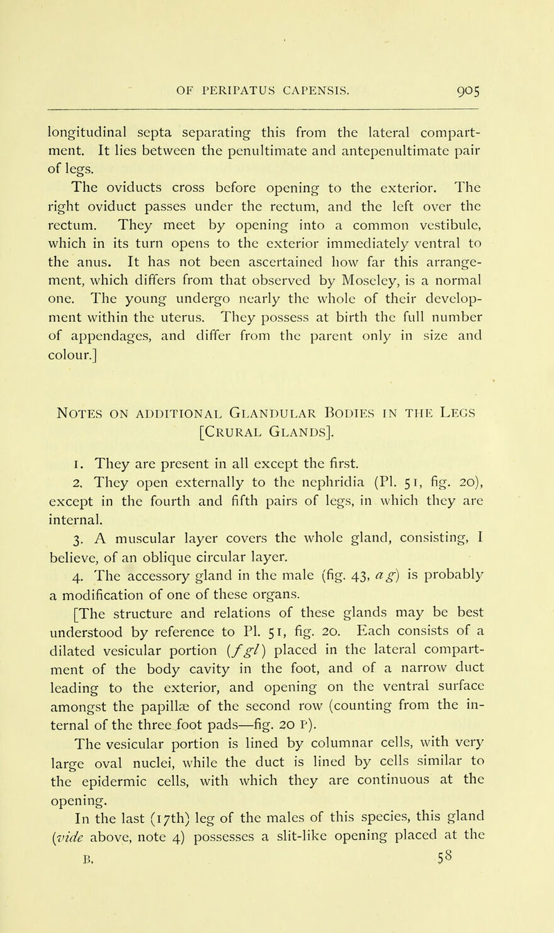 longitudinal septa separating this from the lateral compart- ment. It lies between the penultimate and antepenultimate pair of legs. The oviducts cross before opening to the exterior. The right oviduct passes under the rectum, and the left over the rectum. They meet by opening into a common vestibule, which in its turn opens to the exterior immediately ventral to the anus. It has not been ascertained how far this arrange- ment, which differs from that observed by Moseley, is a normal one. The young undergo nearly the whole of their develop- ment within the uterus. They possess at birth the full number of appendages, and differ from the parent only in size and colour.] Notes on additional Glandular Bodies in the Legs [Crural Glands]. 1. They are present in all except the first. 2. They open externally to the nephridia (PI. 51, fig. 20), except in the fourth and fifth pairs of legs, in which they are internal. 3. A muscular layer covers the whole gland, consisting, I believe, of an oblique circular layer. 4. The accessory gland in the male (fig. 43, ag) is probably a modification of one of these organs. [The structure and relations of these glands may be best understood by reference to PI. 51, fig. 20. Each consists of a dilated vesicular portion [fgl) placed in the lateral compart- ment of the body cavity in the foot, and of a narrow duct leading to the exterior, and opening on the ventral surface amongst the papillae of the second row (counting from the in- ternal of the three foot pads—fig. 20 P). The vesicular portion is lined by columnar cells, with very large oval nuclei, while the duct is lined by cells similar to the epidermic cells, with which they are continuous at the opening. In the last (17th) leg of the males of this species, this gland {inde above, note 4) possesses a slit-like opening placed at the B. 5S
