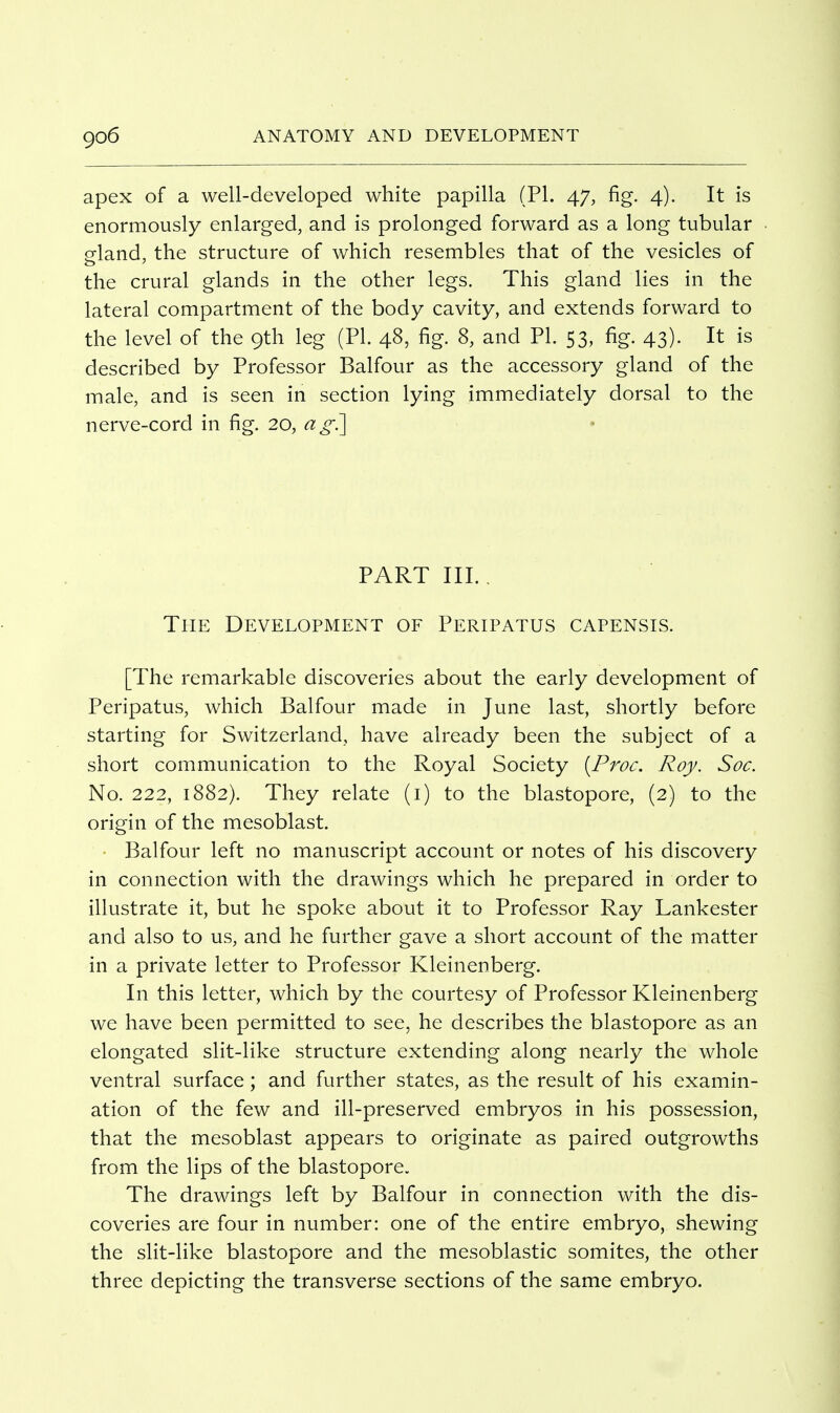 apex of a well-developed white papilla (PL 47, fig. 4). It is enormously enlarged, and is prolonged forward as a long tubular gland, the structure of which resembles that of the vesicles of the crural glands in the other legs. This gland lies in the lateral compartment of the body cavity, and extends forward to the level of the 9th leg (PL 48, fig. 8, and PL 53, fig. 43). It is described by Professor Balfour as the accessory gland of the male, and is seen in section lying immediately dorsal to the nerve-cord in fig. 20, a^:] PART III., The Development of Peripatus capensis. [The remarkable discoveries about the early development of Peripatus, which Balfour made in June last, shortly before starting for Switzerland, have already been the subject of a short communication to the Royal Society [Proc. Roy. Soc. No. 222, 1882). They relate (i) to the blastopore, (2) to the origin of the mesoblast. Balfour left no manuscript account or notes of his discovery in connection with the drawings which he prepared in order to illustrate it, but he spoke about it to Professor Ray Lankester and also to us, and he further gave a short account of the matter in a private letter to Professor Kleinenberg. In this letter, which by the courtesy of Professor Kleinenberg we have been permitted to see, he describes the blastopore as an elongated slit-like structure extending along nearly the whole ventral surface ; and further states, as the result of his examin- ation of the few and ill-preserved embryos in his possession, that the mesoblast appears to originate as paired outgrowths from the lips of the blastopore. The drawings left by Balfour in connection with the dis- coveries are four in number: one of the entire embryo, shewing the slit-like blastopore and the mesoblastic somites, the other three depicting the transverse sections of the same embryo.