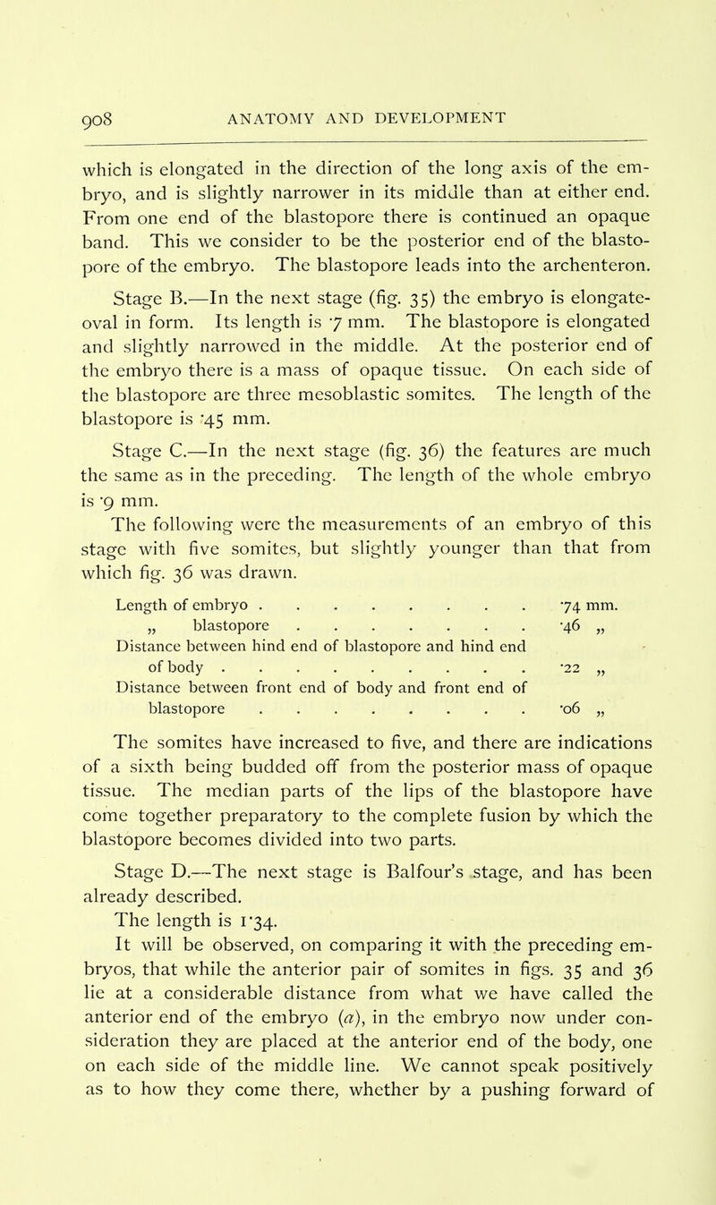 which is elongated in the direction of the long axis of the em- bryo, and is slightly narrower in its middle than at either end. From one end of the blastopore there is continued an opaque band. This we consider to be the posterior end of the blasto- pore of the embryo. The blastopore leads into the archenteron. Stage B.—In the next stage (fig. 35) the embryo is elongate- oval in form. Its length is 7 mm. The blastopore is elongated and slightly narrowed in the middle. At the posterior end of the embryo there is a mass of opaque tissue. On each side of the blastopore are three mesoblastic somites. The length of the blastopore is '45 mm. Stage C.—In the next stage (fig. 36) the features are much the same as in the preceding. The length of the whole embryo is '9 mm. The following were the measurements of an embryo of this stage with five somites, but slightly younger than that from which fig. 36 was drawn. Length of embryo 74 mm. „ blastopore 46 „ Distance between hind end of blastopore and hind end of body '22 „ Distance between front end of body and front end of blastopore '06 „ The somites have increased to five, and there are indications of a sixth being budded off from the posterior mass of opaque tissue. The median parts of the lips of the blastopore have come together preparatory to the complete fusion by which the blastopore becomes divided into two parts. Stage D.—The next stage is Balfour's stage, and has been already described. The length is 1*34. It will be observed, on comparing it with the preceding em- bryos, that while the anterior pair of somites in figs. 35 and 36 lie at a considerable distance from what we have called the anterior end of the embryo {a), in the embryo now under con- sideration they are placed at the anterior end of the body, one on each side of the middle line. We cannot speak positively as to how they come there, whether by a pushing forward of