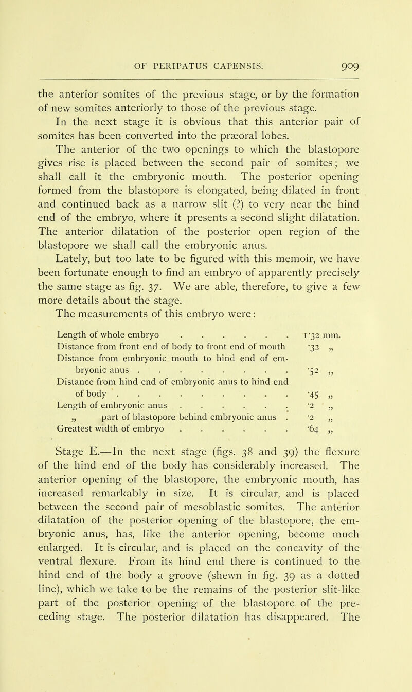 the anterior somites of the previous stage, or by the formation of new somites anteriorly to those of the previous stage. In the next stage it is obvious that this anterior pair of somites has been converted into the praeoral lobes. The anterior of the two openings to which the blastopore gives rise is placed between the second pair of somites; we shall call it the embryonic mouth. The posterior opening formed from the blastopore is elongated, being dilated in front and continued back as a narrow slit (J) to very near the hind end of the embryo, where it presents a second slight dilatation. The anterior dilatation of the posterior open region of the blastopore we shall call the embryonic anus. Lately, but too late to be figured with this memoir, we have been fortunate enough to find an embryo of apparently precisely the same stage as fig. 37. We are able, therefore, to give a few more details about the stage. The measurements of this embryo were: 1*32 mm. Distance from front end of body to front end of mouth •32 „ Distance from embryonic mouth to hind end of em- •52 „ Distance from hind end of embryonic anus to hind end •45 » Length of embryonic anus 7 „ part of blastopore behind embryonic anus . '64 „ Stage E.—In the next stage (figs. 38 and 39) the flexure of the hind end of the body has considerably increased. The anterior opening of the blastopore, the embryonic mouth, has increased remarkably in size. It is circular, and is placed between the second pair of mesoblastic somites. The anterior dilatation of the posterior opening of the blastopore, the em- bryonic anus, has, like the anterior opening, become much enlarged. It is circular, and is placed on the concavity of the ventral flexure. From its hind end there is continued to the hind end of the body a groove (shewn in fig. 39 as a dotted line), which we take to be the remains of the posterior slit-like part of the posterior opening of the blastopore of the pre- ceding stage. The posterior dilatation has disappeared. The