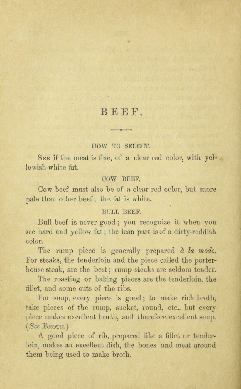 BEEF. HOW TO SELECT, See if tlie meat is fine, of a clear red color, with yel- iowisli-wliite fat. COW BEEF. Cow beef must also be of a clear red color, but more pale than other beef; the fat is white. BULL BEEF. Bull beef is never good ; you recoguize it when you see hard and yellow fat; tlie lean part is of a dirty-reddish color. The rump piece is generally prepared a la mode. For steaks, the tenderloin and the piece called the porter- house steak, are the best; rump steaks are seldom tender. The roasting or baking pieces are the tenderloin, the fillet, and some cuts of the ribs. For soup, every piece is good; to make rich broth, take pieces of the rump, sucket, round, etc., but every piece makes excellent broth, and therefore excellent soup. [See Broth,) A good piece of rib, prepared like a fillet or tender- loin, makes an excellent dish, the bones and meat around them being used to make broth.