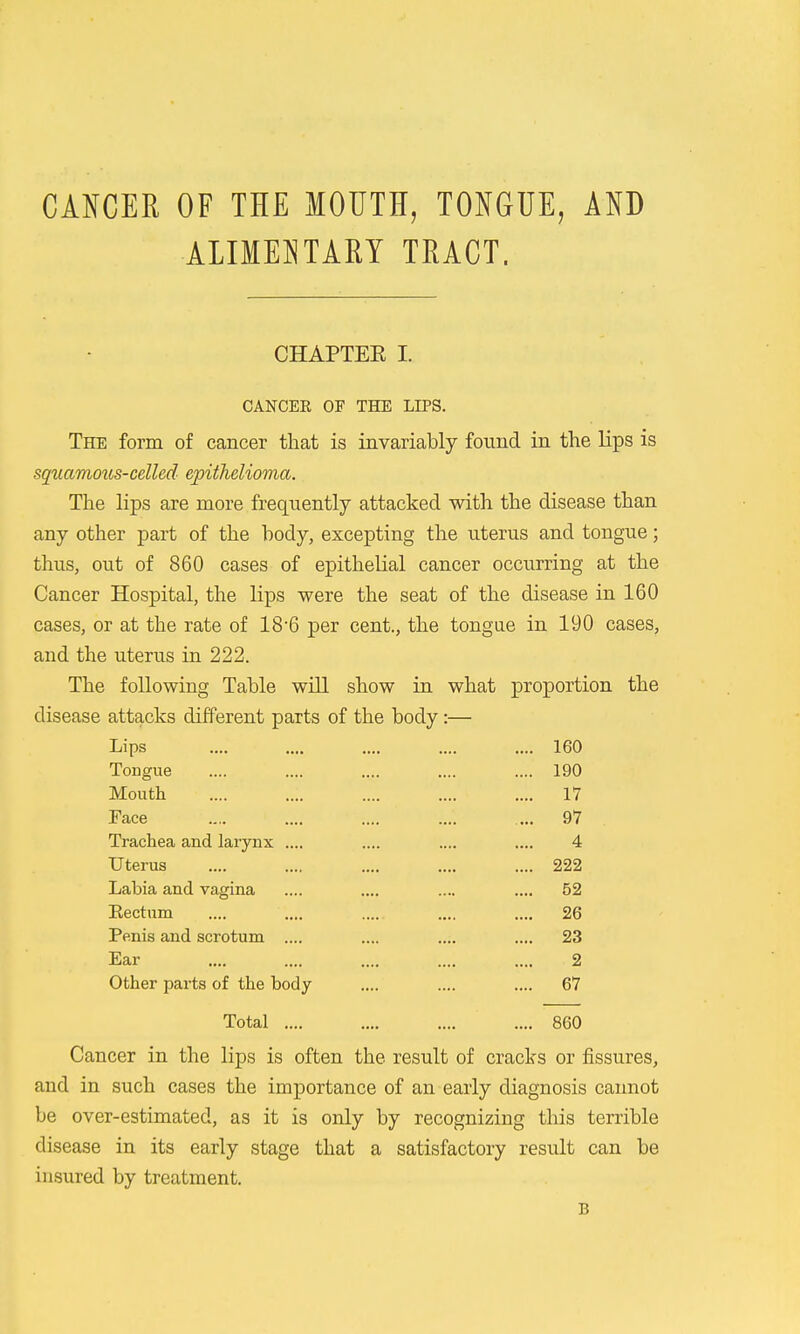 CANCEE OF THE MOUTH, TONGUE, AO ALIMENTAEY TRACT. CHAPTEE I. CANCER OF THE LIPS. The form of cancer that is invariably found in the lips is squamous-celled epithelioma. The lips are more frequently attacked with the disease than any other part of the body, excepting the uterus and tongue; thus, out of 860 cases of epithelial cancer occurring at the Cancer Hospital, the lips were the seat of the disease in 160 cases, or at the rate of 18-6 per cent., the tongue in 190 cases, and the uterus in 222. The following Table will show in what proportion the disease attacks different parts of the body:— Lips .... .... .... .... .... 160 Tongue .... .... .... .... .... 190 Mouth .... .... .... .... .... 17 Face .... .... .... .... ... 97 Trachea and larynx .... .... .... .... 4 Uterus .... .... .... .... .... 222 Labia and vagina .... .... .... .... 52 Eectum .... .... .... .... .... 26 Penis and scrotum .... .... .... .... 23 Ear .... .... .... .... .... 2 Other parts of the body .... .... .... 67 Total .... .... .... .... 860 Cancer in the lips is often the result of cracks or fissures, and in such cases the importance of an early diagnosis cannot be over-estimated, as it is only by recognizing this terrible disease in its early stage that a satisfactory result can be insured by treatment. B