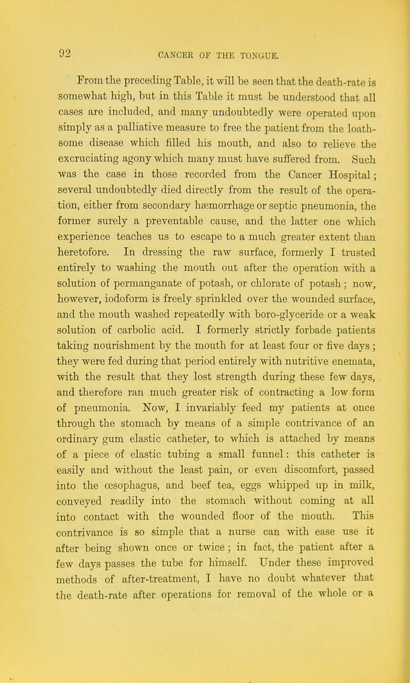 From the preceding Table, it will be seen that the death-rate is somewhat high, but in this Table it must be understood that all cases are included, and many undoubtedly were operated upon simply as a palliative measure to free the patient from the loath- some disease which filled his mouth, and also to relieve the excruciating agony which many must have suffered from. Such was the case in those recorded from the Cancer Hospital; several undoubtedly died directly from the result of the opera- tion, either from secondary haemorrhage or septic pneumonia, the former surely a preventable cause, and the latter one which experience teaches us to escape to a much greater extent than heretofore. In dressing the raw surface, formerly I tmsted entirely to washing the mouth out after the operation with a solution of permanganate of potash, or chlorate of potash ; now, however, iodoform is freely sprinkled over the wounded surface, and the mouth washed repeatedly with boro-glyceride or a weak solution of carbolic acid. I formerly strictly forbade patients taking nourishment by the mouth for at least four or five days ; they were fed during that period entirely with nutritive enemata, with the result that they lost strength during these few days, and therefore ran much greater risk of contracting a low form of pneumonia. 'Now, I invariably feed my patients at once through the stomach by means of a simple contrivance of an ordinary gum elastic catheter, to which is attached by means of a piece of elastic tubing a small funnel: this catheter is easily and without the least pain, or even discomfort, passed into the oesophagus, and beef tea, eggs whipped up in milk, conveyed readily into the stomach without coming at all into contact with the wounded floor of the mouth. This contrivance is so simple that a nurse can with ease use it after being shown once or twice ; in fact, the patient after a few days passes the tube for himself. Under these improved methods of after-treatment, I have no doubt whatever that the death-rate after operations for removal of the whole or a