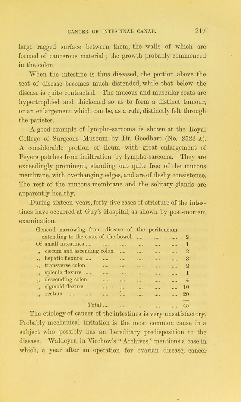 large ragged surface between them, the walls of which are formed of cancerous material; the growth probably commenced in the colon. When the intestine is thus diseased, the portion above the seat of disease becomes much distended, while that below the disease is quite contracted. The mucous and muscular coats are hypertrophied and thickened so as to form a distinct tumour, or an enlargement which can be, as a rule, distinctly felt through the parietes. A good example of lympho-sarcoma is shown at the Eoyal CoUege of Surgeons Museum by Dr. Goodhart (ISTo. 2523 a). A considerable portion of ileum with great enlargement of Peyers patches from infiltration by lympho-sarcoma. They are exceedingly prominejit, standing out quite free of the mucous membrane, with overhanging edges, and are of fleshy consistence. The rest of the mucous membrane and the solitary glands are apparently healthy. During sixteen years, forty-five cases of stricture of the intes- tines have occurred at Guy's Hospital, as shown by post-mortem examination. General narrowing from disease of the peritoneum extending to the coats of the bowel 2 Of small intestines 1 „ caecum and ascending colon 2 „ hepatic flexure .... 3 „ transverse colon 2 „ splenic flexure .... 1 „ descending colon 4 „ sigmoid flexure .... 10 „ rectum 20 Total .... 45 The etiology of cancer of the intestines is very unsatisfactory. Probably mechanical irritation is the most common cause in a subject who possibly has an hereditary predisposition to the disease. Waldeyer, in Virchow's  Archives, mentions a case in which, a year after an operation for ovarian disease, cancer