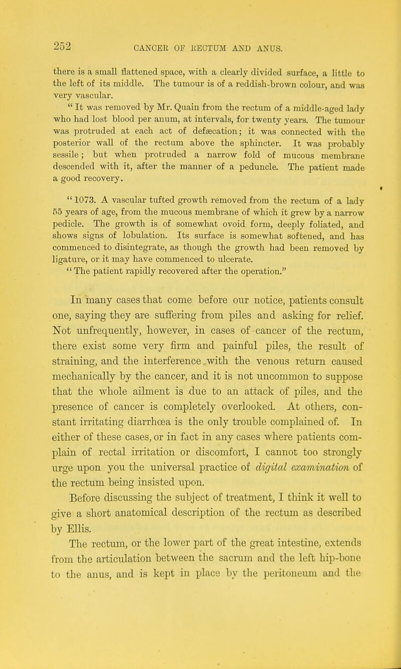 there is a small flattened space, with a clearly divided surface, a little to the left of its middle. The tumour is of a reddish-brown colour, and was very vascular.  It was removed by Mr. Quain from the rectum of a middle-aged lady who had lost blood per anum, at intervals, for twenty years. The tumour was protruded at each act of defsecation; it was connected with the posterior wall of the rectum above the sphincter. It was probably sessile; but when protruded a narrow fold of mucous membrane descended with it, after the manner of a peduncle. The patient made a good recovery.  1073. A vascular tufted growth removed from the rectum of a lady 55 years of age, from the mucous membrane of which it gi-ew by a narrow pedicle. The growth is of somewhat ovoid form, deeply foliated, and shows signs of lobulation. Its surface is somewhat softened, and has commenced to disintegrate, as though the growth had been removed by ligature, or it may have commenced to ulcerate.  The patient rapidly recovered after the operation. In many cases that come before our notice, patients consult one, saying they are suffering from piles and asking for relief. Not unfrequently, however, in cases of cancer of the rectum, there exist some very firm and painful pUes, the result of straining, and the interference with the venous return caused mechanically by the cancer, and it is not uncommon to suppose that the whole ailment is .due to an attack of piles, and the presence of cancer is completely overlooked. At others, con- stant irritating diarrhoea is the only trouble complained of. In either of these cases, or in fact in any cases where patients com- plain of rectal irritation or discomfort, I cannot too strongly urge upon you the universal practice of digital examination of the rectum being insisted upon. Before discussing the subject of treatment, I thinlv it well to give a short anatomical description of the rectum as described by Ellis. The rectum, or the lower part of the great intestine, extends from the articulation between the sacrum and the left hip-bone to the anus, and is kept in place by the peritoneum and the