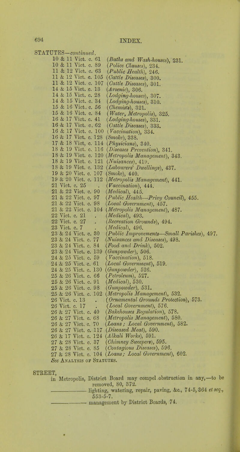 ST AT\]m—continued. 10 & 11 Vict. c. 61 (Baths and Wash-hoiises), 2^1 10 & 11 Vict. c. 89 {Police Clauses), 234. 11 & 12 Vict. c. 63 (Public Health), 246. 11 & 12 Vict. c. 105 (Cattle Diseases), 300. 11 & 12 Vict. c. 107 (Cattle Diseases), 301. 14 & 16 Vict. c. 13 (Arsenic), 306. 14 & 15 Vict. c. 28 (Lodging-houses), 307. 14 & 15 Vict. c. 34 (Lodging-houses), 310. 15 & 16 Vict. c. 56 (Chemists), 321. 15 & 16 Vict. c. 84 (Water, Metropolis), 325. 16 & 17 Vict. c. 41 (Lodging-houses), 331. 16 & 17 Vict. c. 62 (Cattle Diseases), 333. 16 & 17 Vict. c. 100 (Vaccination), 334. 16 & 17 Vict. c. 128 (Smoke), 338. 17 & 18 Vict, c. 114 (Physicians), 340. 18 & 19 Vict. c. 116 (Diseases Prevention), 341. 18 & 19 Vict. c. 120 (Metropolis Management), 343. 18 & 19 Vict. c. 121 (Nuisances), 41!*. 18 & 19 Vict. c. 132 (Labourers' Dwellings), 437. 19 & 20 Vict. c. 107 (Smoke), 440. 19 & 20 Vict. c. 112 (Metropolis Management), 441. 21 Vict. c. 25 . (Facci7iation), 444. 21 & 22 Vict. c. 90 (Medical), 445. 21 & 22 Vict. c. 97 (Public Health—Privy Council), 455. 21 & 22 Vict. c. 98 (Local Government), 457. 21 & 22 Vict. c. 104 (Metropolis Managemerd), 487. 22 Vict. c. 21 . (Medical), 493, 22 Vict. c. 27 . (Recreation Grounds), 494. 23 Vict. c. 7 . (Medical), 496. 23 & 24 Vict. c. 30 (Public Improvements—Small Pat'ishes), 497. 23 & 24 Vict. c. 77 (Nuisances and Diseases), 498. 23 & 24 Vict. c. 84 (Food and Drink), 502. 23 & 24 Vict. c. 139 (Gwnpowder), 506. 24 & 25 Vict. c. 59 (Vaccination), 518. 24 & 25 Vict. c. 61 (Local Govermtient), 519. 24 & 25 Vict. c. 130 (Gunpowder), 526. 25 & 26 Vict. c. 66 (Petroleum), 527. 25 & 26 Vict. c. 91 (Medical), 530. 25 & 26 Vict. c. 98 (Gunpowder), 531. 25 & 26 Vict. c. 102 (Metropolis Management), 532, 26 Vict. c. 13 . (Ornamental Grounds Protection), 673. 26 Vict. c. 17 . (Local Government), 576. 26 & 27 Vict. c. 40 (Bakehouses Regulation), 578. 26 & 27 Vict. c. 68 (Metropolis Management), 580. 26 & 27 Vict. c. 70 (Loans; Local Government), 582. 26 & 27 Vict, c, 117 (Diseased Meat), 590. 26 & 17 Vict. c. 124 (Alkali Works), 591. 27 & 28 Vict. c. 37 (Chimney Sweepers), 595. 27 & 28 Vict. c. 85 (Contagious Diseases), 596. 27 & 28 Vict. c. 104 (Loans; Local Government), 602. See Analysis of Statutes. STREET, in Metropolis, District Board may compel obstruction in any,—to be removed, 80, 372. lighting, watering, repair, paving, &c., 74-6, 864 et acq., 553-5-7, management by District Boards, 74.