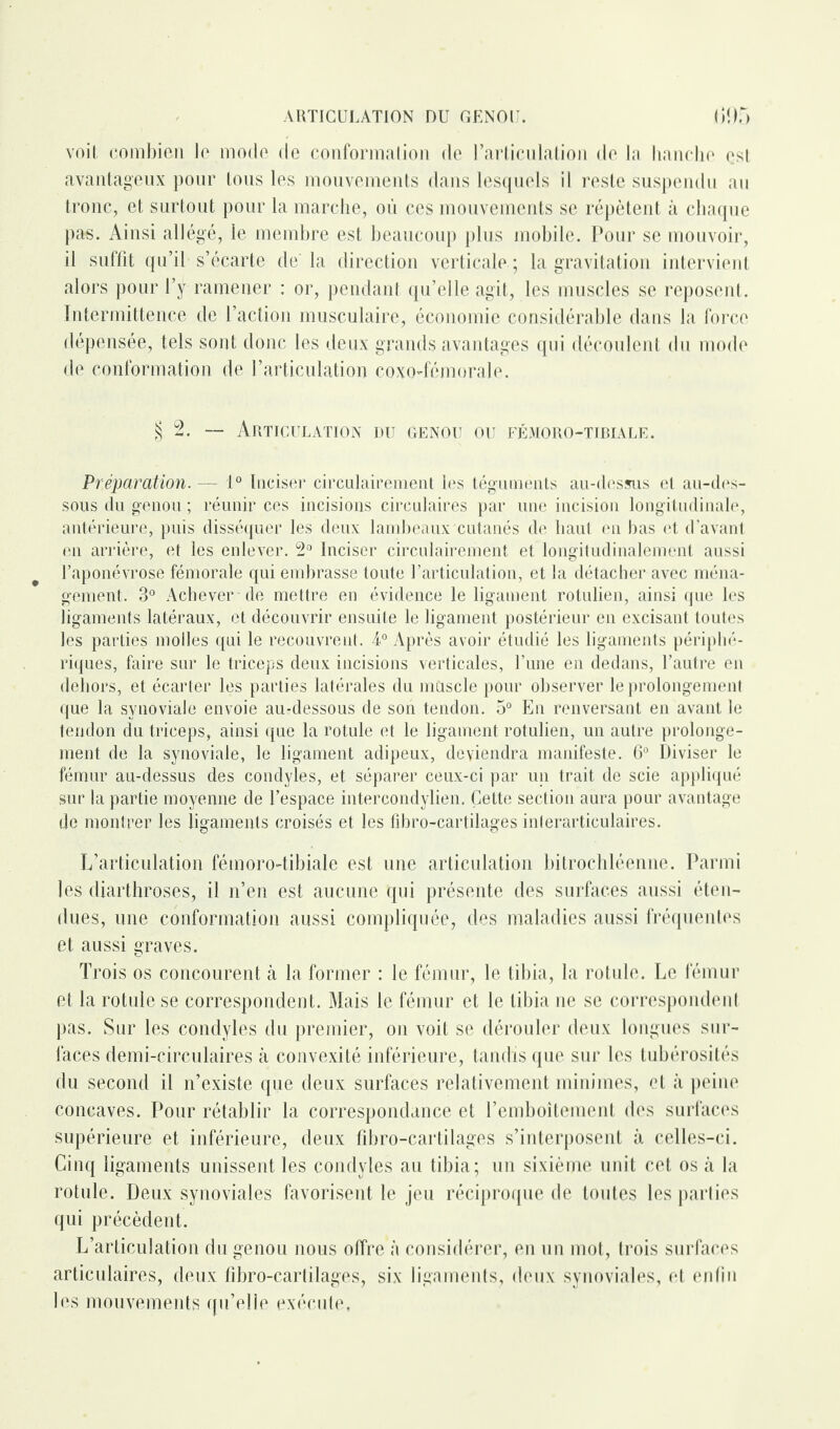 voit combien le mode de conformation de l’articulation de la hanche est avantageux pour tous les mouvements dans lesquels il reste suspendu au tronc, et surtout pour la marche, où ces mouvements se répètent à chaque pas. Ainsi allégé, le membre est beaucoup plus mobile. Pour se mouvoir, il suffit qu’il s’écarte de la direction verticale ; la gravitation intervient alors pour l’y ramener : or, pendant qu’elle agit, les muscles se reposent. Intermittence de l’action musculaire, économie considérable dans la force dépensée, tels sont donc les deux grands avantages qui découlent du mode de conformation de l’articulation coxo-fémorale. | 2. — Articulation du genou ou fémoro-tibiale. Préparation. — 1° Inciser circulairement les téguments au-dessus et au-des¬ sous du genou ; réunir ces incisions circulaires par une incision longitudinale, antérieure, puis disséquer les deux lambeaux cutanés de haut en bas et d’avant en arrière, et les enlever. 2° Inciser circulairement et longitudinalement aussi l’aponévrose fémorale qui embrasse toute l’articulation, et la détacher avec ména¬ gement. 3° Achever de mettre en évidence le ligament rotulien, ainsi que les ligaments latéraux, et découvrir ensuite le ligament postérieur en excisant toutes les parties molles qui le recouvrent. 4° Après avoir étudié les ligaments périphé¬ riques, faire sur le triceps deux incisions verticales, l’une en dedans, l’autre en dehors, et écarter les parties latérales du muscle pour observer le prolongement que la synoviale envoie au-dessous de son tendon. 5° En renversant en avant le tendon du triceps, ainsi que la rotule et le ligament rotulien, un autre prolonge¬ ment de la synoviale, le ligament adipeux, deviendra manifeste. 6° Diviser le fémur au-dessus des condyles, et séparer ceux-ci par un trait de scie appliqué sur la partie moyenne de l’espace intercondylien. Cette section aura pour avantage de montrer les ligaments croisés et les fibro-cartilages inlerarticulaires. L’articulation fémoro-tibiale est une articulation bitrochléenne. Parmi les diarthroses, il n’en est aucune qui présente des surfaces aussi éten¬ dues, une conformation aussi compliquée, des maladies aussi fréquentes et aussi graves. Trois os concourent à la former : le fémur, le tibia, la rotule. Le fémur et la rotule se correspondent. Mais le fémur et le tibia ne se correspondent pas. Sur les condyles du premier, on voit se dérouler deux longues sur¬ faces demi-circulaires à convexité inférieure, tandis que sur les tubérosités du second il n’existe que deux surfaces relativement minimes, et à peine concaves. Pour rétablir la correspondance et l'emboîtement des surfaces supérieure et inférieure, deux fibro-cartilages s’interposent à celles-ci. Cinq ligaments unissent les condyles au tibia; un sixième unit cet os à la rotule. Deux synoviales favorisent le jeu réciproque de toutes les parties qui précèdent. L’articulation du genou nous offre à considérer, en un mot, trois surfaces articulaires, deux fibro-cartilages, six ligaments, deux synoviales, et enfin les mouvements qu’elle exécute,