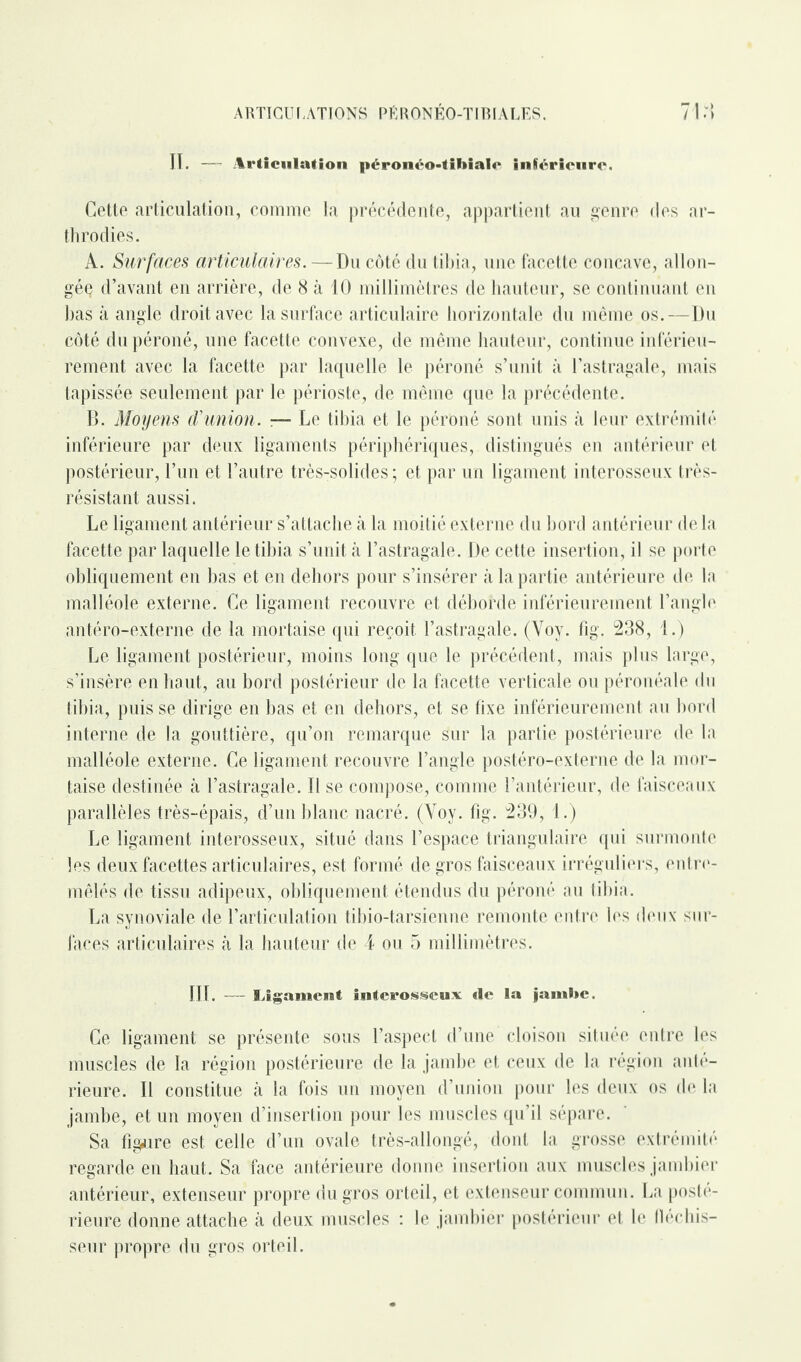 ARTICULATIONS PÉRONÉO-T1BIALES. /1 • » lï. —~ Articulation pcronco*tibiaIc inférieure. Cette articulation, comme la précédente, appartient au genre des ar- throdies. A. Surfaces articulaires. — Du côté du tibia, une facette concave, allon¬ gée d’avant en arrière, de 8 à 10 millimètres de hauteur, se continuant en bas à angle droit avec la surface articulaire horizontale du même os.—Du côté du péroné, une facette convexe, de même hauteur, continue inférieu¬ rement avec la facette par laquelle le péroné s’unit à l’astragale, mais tapissée seulement par le périoste, de même que la précédente. B. Moyens d’union. — Le tibia et le péroné sont unis à leur extrémité inférieure par deux ligaments périphériques, distingués en antérieur et postérieur, l’un et l’autre très-solides; et par un ligament interosseux très- résistant aussi. Le ligament antérieur s’attache à la moitié externe du bord antérieur de la facette par laquelle le tibia s’unit à l’astragale. De cette insertion, il se porte obliquement en bas et en dehors pour s’insérer à la partie antérieure de la malléole externe. Ce ligament recouvre et déborde inférieurement l’angle antéro-externe de la mortaise qui reçoit l’astragale. (Voy. fi,g. 238, 1.) Le ligament postérieur, moins long que le précédent, mais plus large, s’insère en haut, au bord postérieur de la facette verticale ou péronéale du tibia, puis se dirige en bas et en dehors, et se fixe inférieurement au bord interne de la gouttière, qu’on remarque sur la partie postérieure de la malléole externe. Ce ligament recouvre l’angle postéro-externe de la mor¬ taise destinée à l’astragale. Il se compose, comme l’antérieur, de faisceaux parallèles très-épais, d’un blanc nacré. (Voy. fig. 239, 1.) Le ligament interosseux, situé dans l’espace triangulaire qui surmonte les deux facettes articulaires, est formé de gros faisceaux irréguliers, entre¬ mêlés de tissu adipeux, obliquement étendus du péroné au tibia. La synoviale de l’articulation tibio-tarsienne remonte entre les deux sur¬ faces articulaires à la hauteur de 4 ou 5 millimètres. III. -— Ligament interosseux «le la ïambe. Ce ligament se présente sous l’aspect d’une cloison située entre les muscles de la région postérieure de la jambe et ceux de la région ante¬ rieure. Il constitue à la fois un moyen d’union pour les deux os de la jambe, et un moyen d’insertion pour les muscles qu’il sépare. Sa figure est celle d’un ovale très-allongé, dont la grosse extrémité regarde en haut. Sa face antérieure donne insertion aux muscles jambier antérieur, extenseur propre du gros orteil, et extenseur commun. La posté¬ rieure donne attache à deux muscles : le jambier postérieur et le fléchis¬ seur propre du gros orteil.