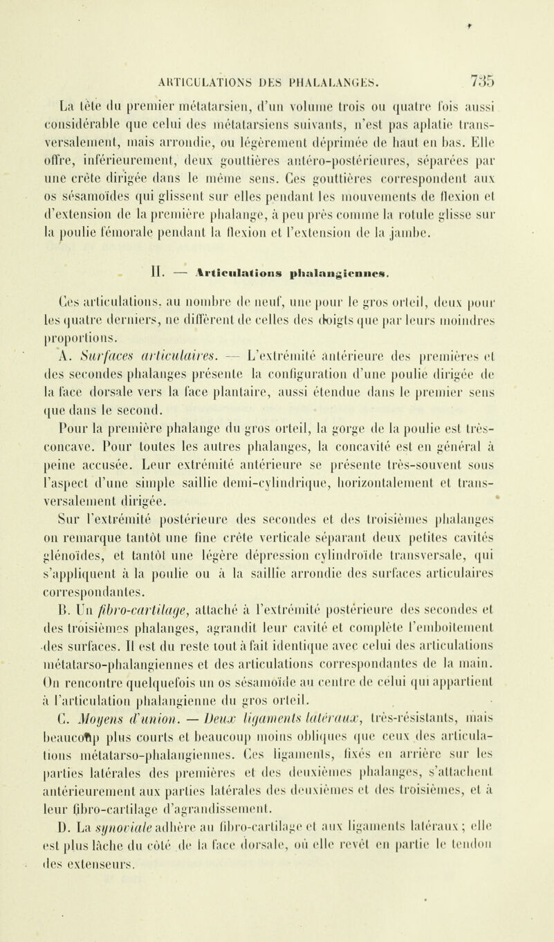 La lête du premier métatarsien, d’un volume trois ou quatre lois aussi considérable que celui des métatarsiens suivants, n’est pas aplatie trans¬ versalement, mais arrondie, ou légèrement déprimée de haut en bas. Elle offre, inférieurement, deux gouttières antéro-postérieures, séparées par une crête dirigée dans le même sens. Ces gouttières correspondent aux os sésamoïdes qui glissent sur elles pendant les mouvements de flexion et d’extension de la première phalange, à peu près comme la rotule glisse sur la poulie fémorale pendant la flexion et l’extension de la jambe. II. — Articulations phalnngienncs. Ces articulations, au nombre de neuf, une pour le gros orteil, deux pour les quatre derniers, 11e diffèrent de celles des doigts que par leurs moindres proportions. A. Surfaces articulaires. — L’extrémité antérieure des premières et des secondes phalanges présente la configuration d’une poulie dirigée de la face dorsale vers la face plantaire, aussi étendue dans le premier sens que dans le second. Pour la première phalange du gros orteil, la gorge de la poulie est très- concave. Pour toutes les autres phalanges, la concavité est en général à peine accusée. Leur extrémité antérieure se présente très-souvent sous l’aspect d’une simple saillie demi-cylindrique, horizontalement et trans¬ versalement dirigée. Sur l’extrémité postérieure des secondes et des troisièmes phalanges on remarque tantôt une fine crête verticale séparant deux petites cavités glénoïdes, et tantôt une légère dépression cylindroïde transversale, qui s’appliquent à la poulie ou à la saillie arrondie des surfaces articulaires correspondantes. B. Un fibro-cartilage, attaché à l’extrémité postérieure des secondes et des troisièmes phalanges, agrandit leur cavité et complète l’emboîtement •des surfaces. Il est du reste tout à fait identique avec celui des articulations métatarso-phalangiennes et des articulations correspondantes de la main. On rencontre quelquefois un os sésamoïde au centre de celui qui appartient à l’articulation phalangienne du gros orteil. G. Moyens d'union. — Deux ligaments latéraux, très-résistants, mais beaucoup plus courts et beaucoup moins obliques que ceux des articula¬ tions métatarso-phalangiennes. Ces ligaments, fixés en arrière sur les parties latérales des premières et des deuxièmes phalanges, s’attachent antérieurement aux parties latérales des deuxièmes et des troisièmes, et à leur (ibro-cartilage d’agrandissement. D. La synoviale adhère au fibro-cartilage et aux ligaments latéraux; elle est plus lâche du côté de la face dorsale, où elle revêt en partie le tendon des extenseurs.